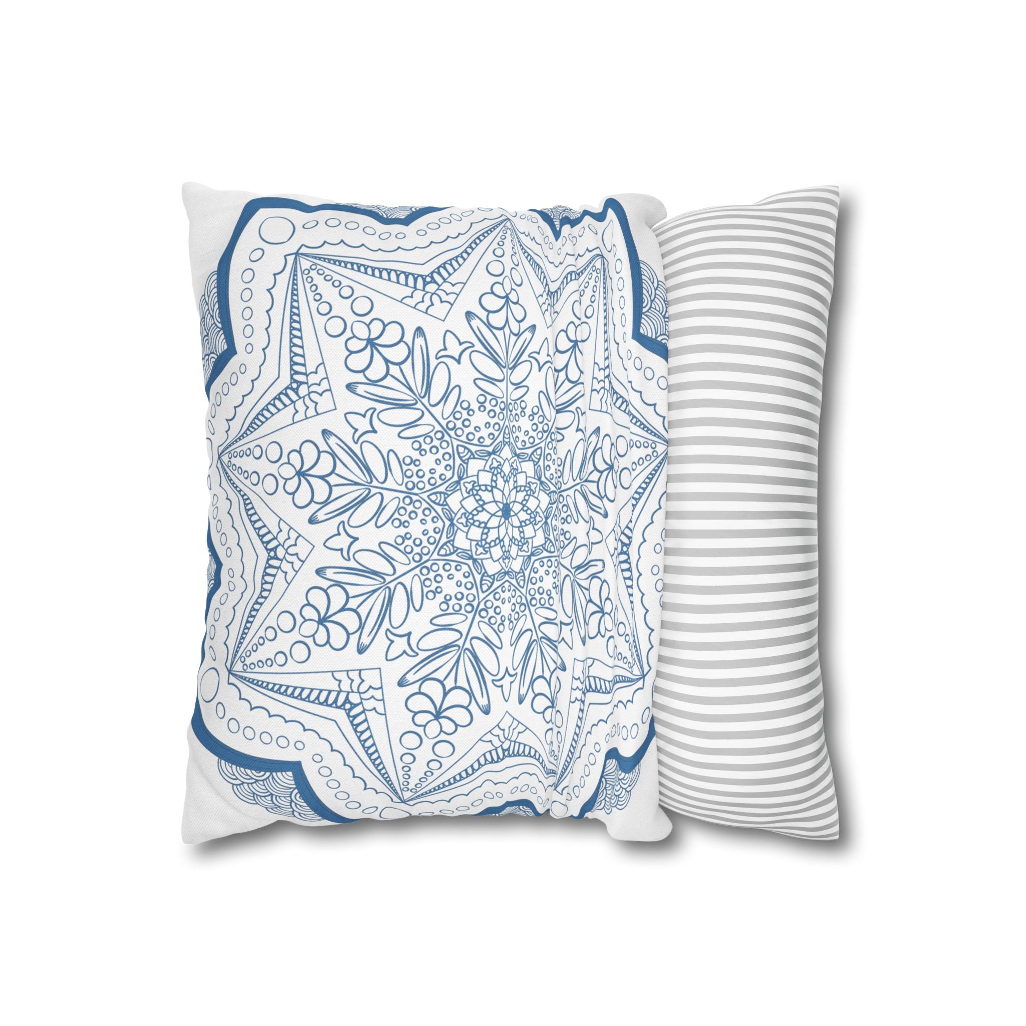 Spun Polyester Square Pillowcase Mandala Art - Original Fine Art - Hand-drawn - Steel Blue on White