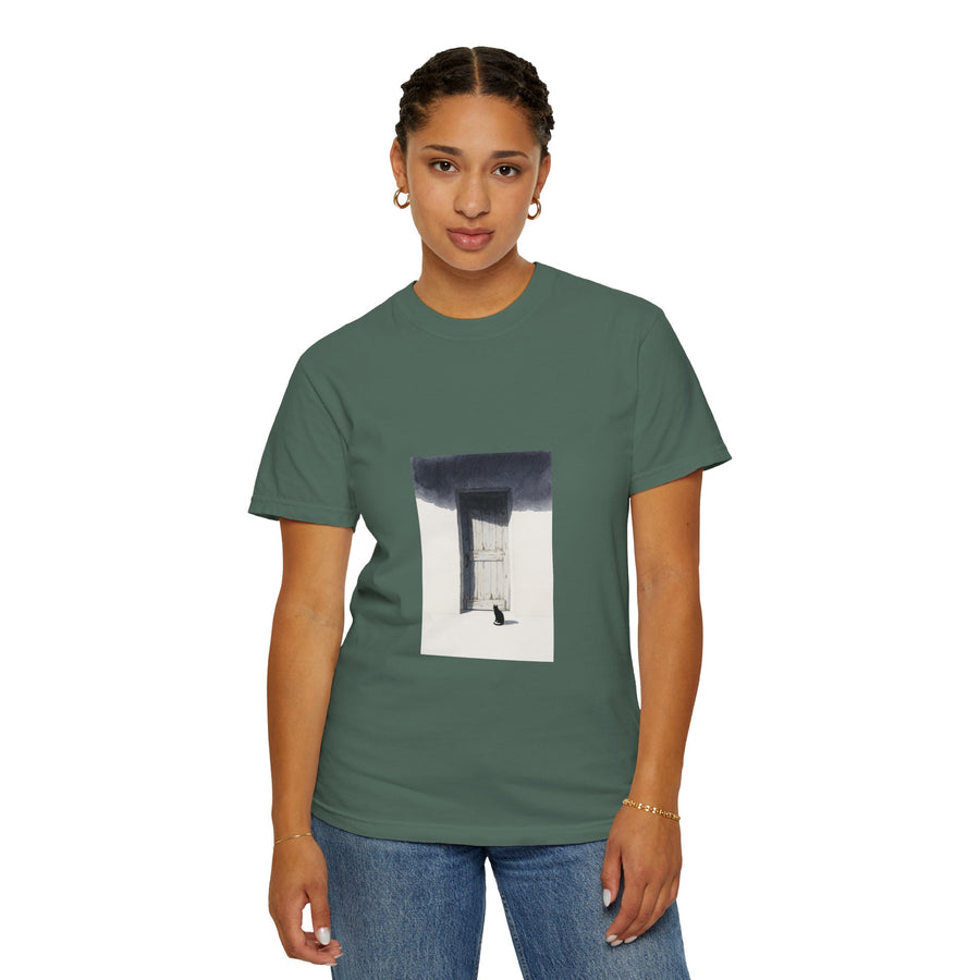 T-Shirt — Minimal Art Cat at Door Graphic Tee