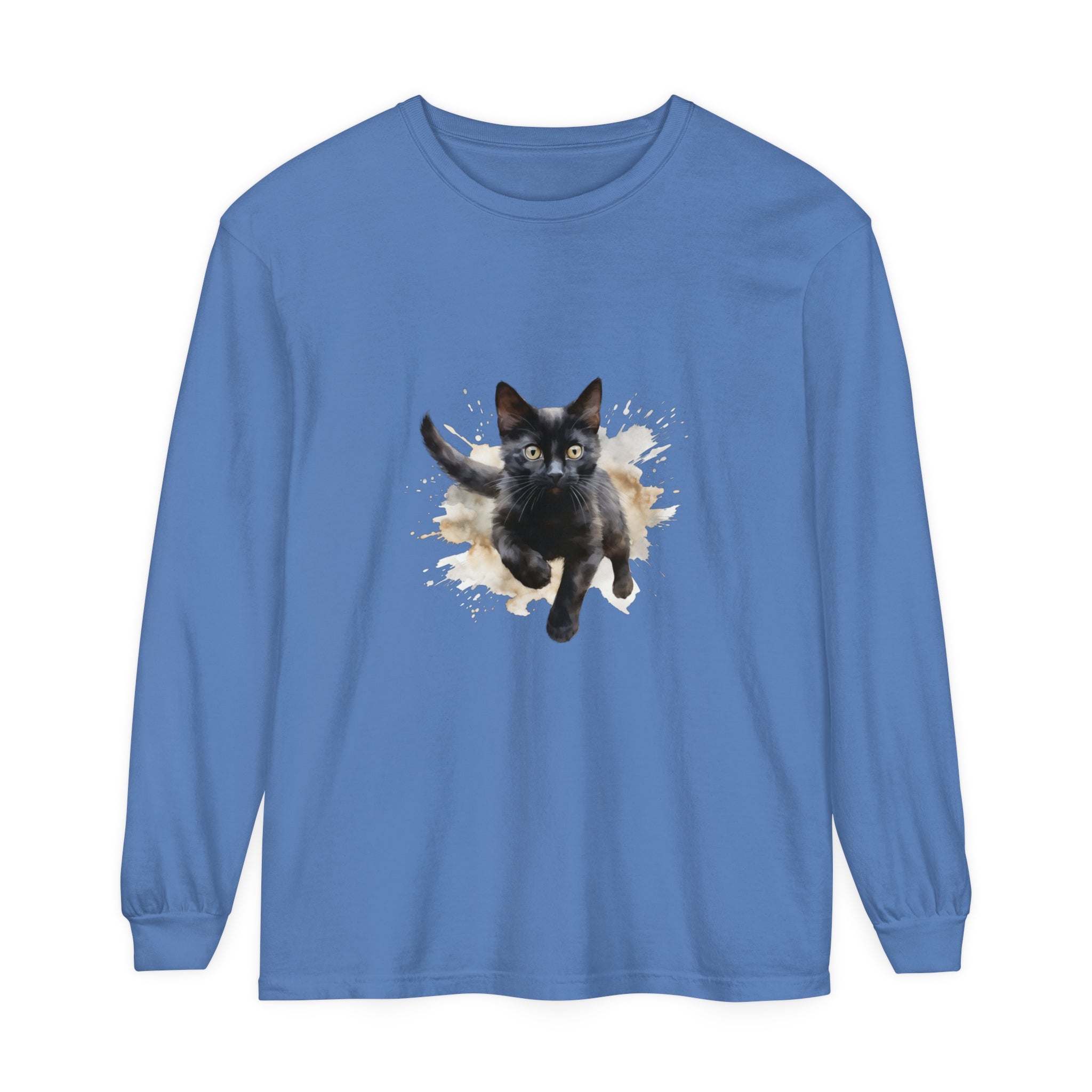 Close up of Black Cat Watercolor Splash T-Shirt showing detailed watercolor effect
