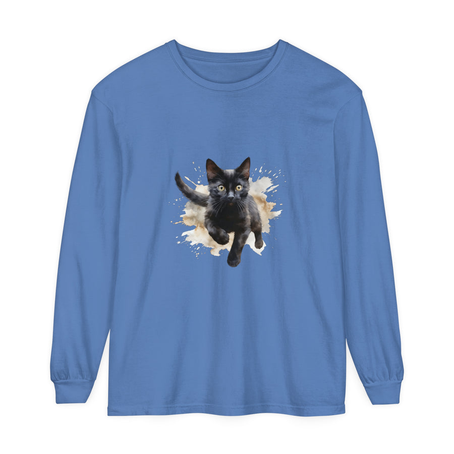 Close up of Black Cat Watercolor Splash T-Shirt showing detailed watercolor effect