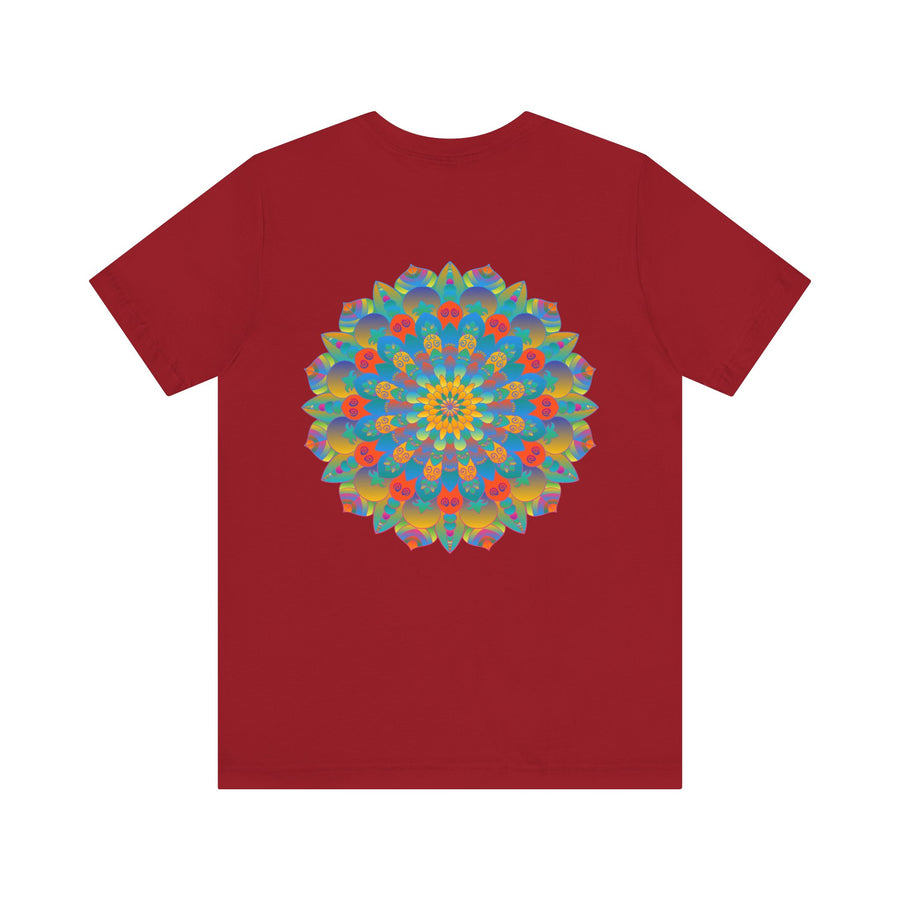 Colorful and intricate psychedelic mandala design on a t-shirt promoting spiritual peace and harmony