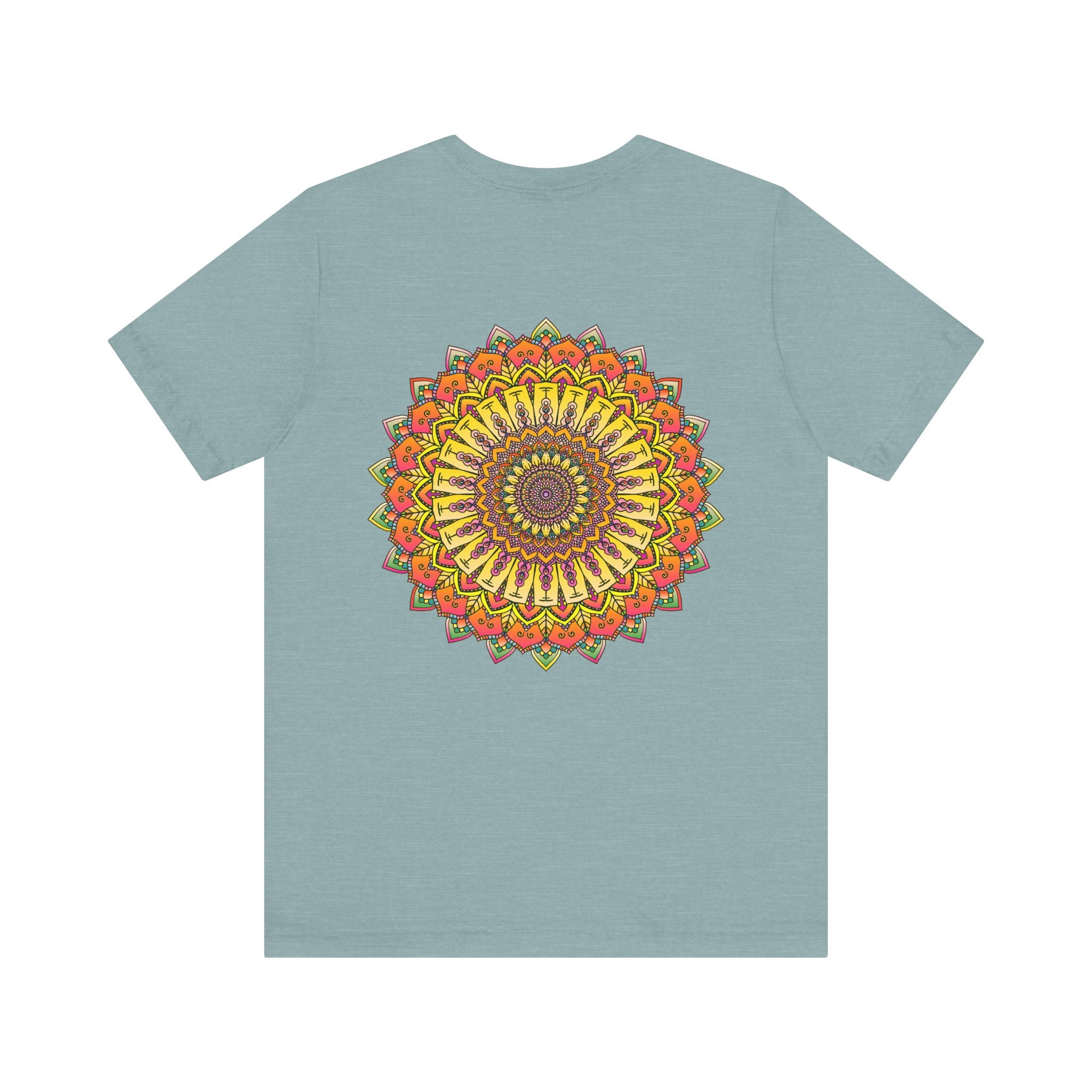 Mandala tee with a vibrant and colorful design promoting harmony