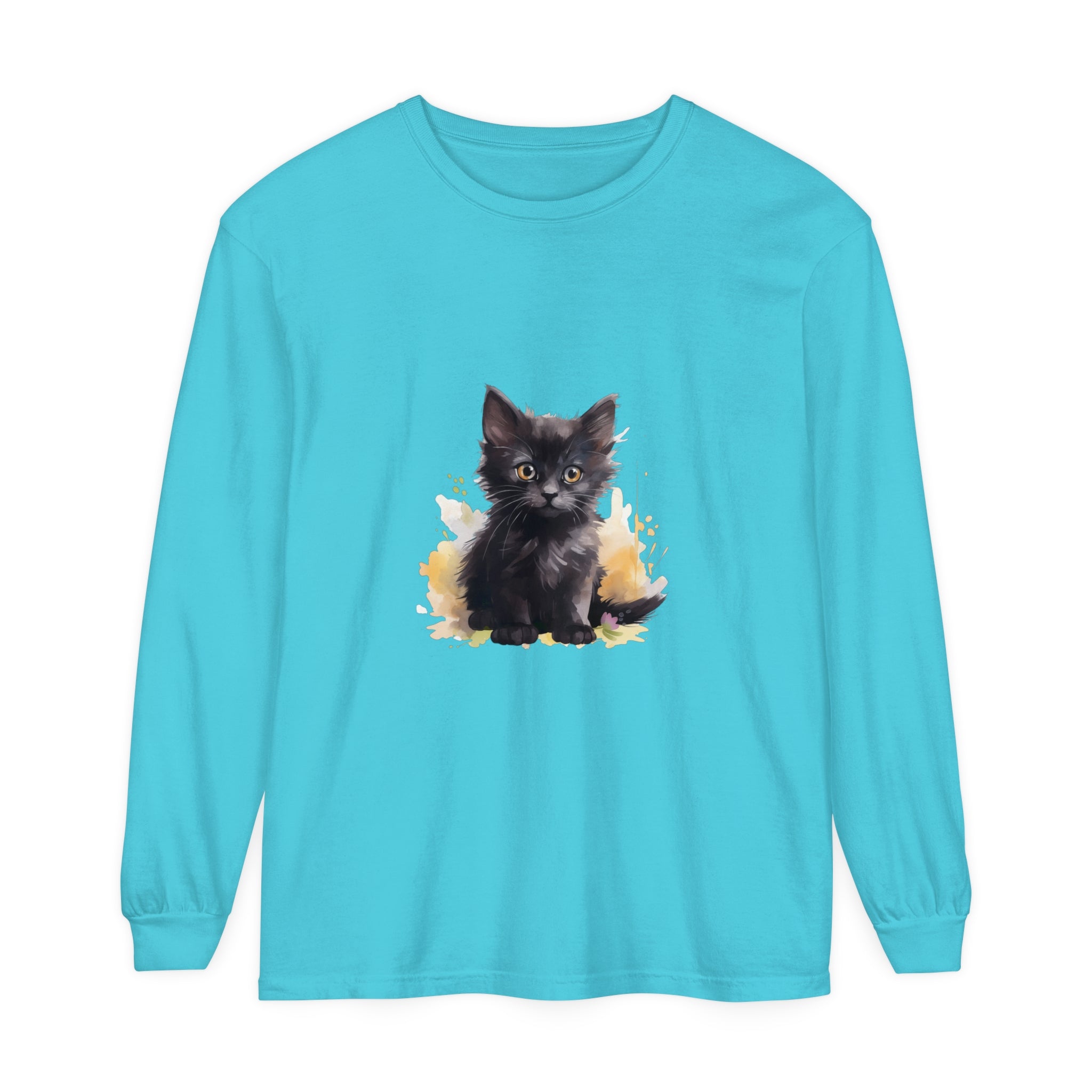 Black Kitten Watercolor Splash T-Shirt with cute cat design and vibrant colors