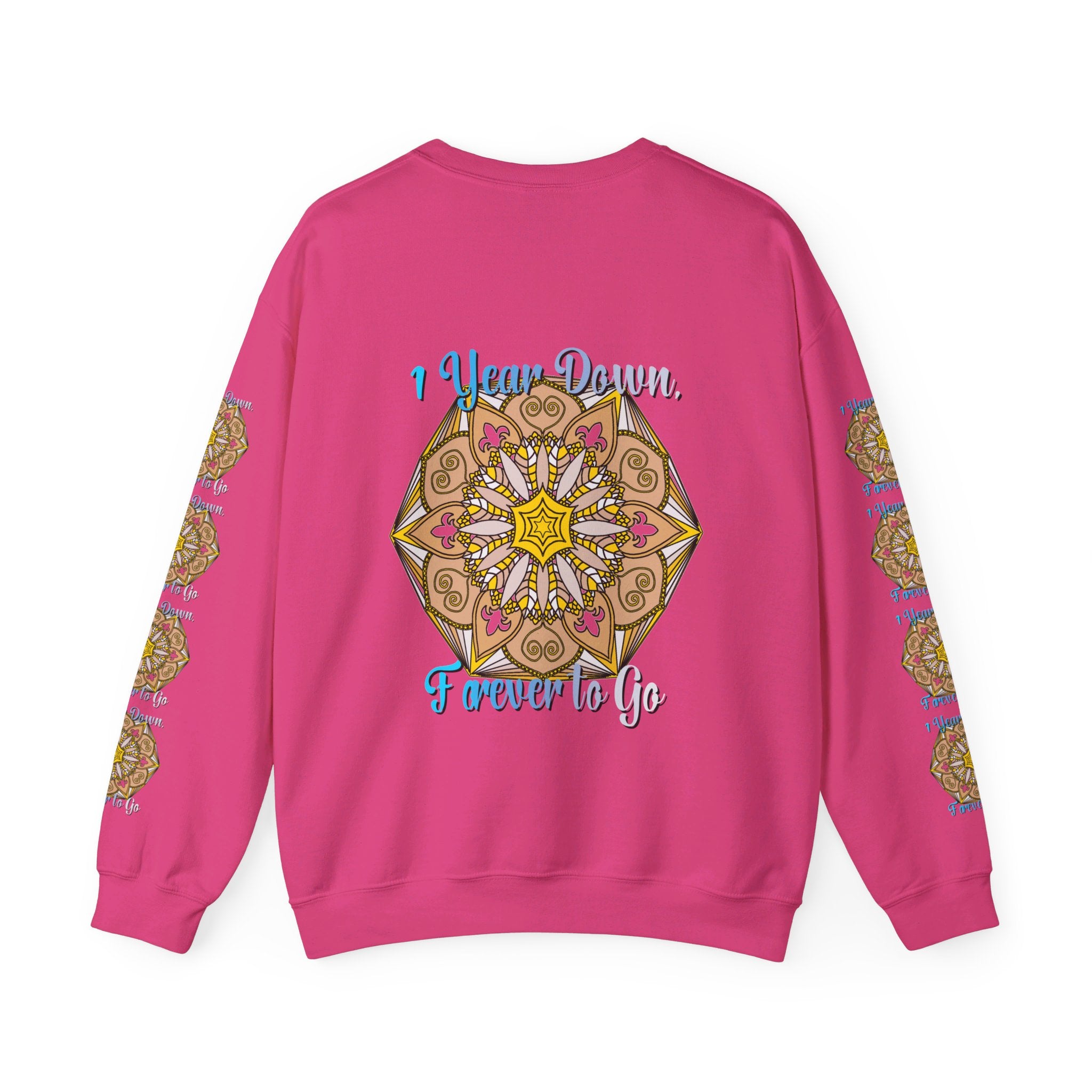 Black unisex heavy blend crewneck sweatshirt with '1 year down, forever to go' first year wedding anniversary gift design