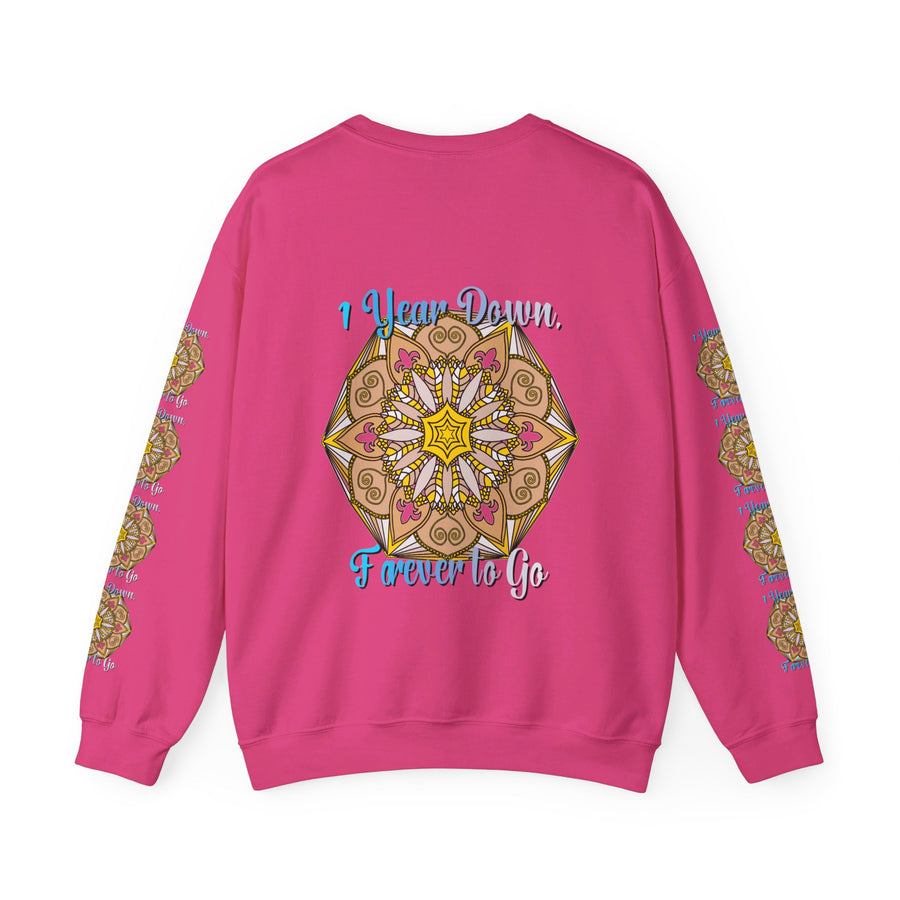 Black unisex heavy blend crewneck sweatshirt with '1 year down, forever to go' first year wedding anniversary gift design