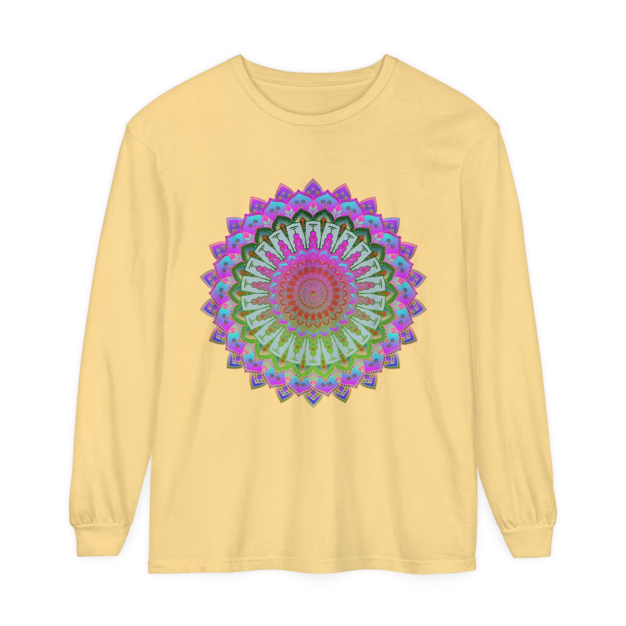 High-quality unisex long sleeve t-shirt adorned with a stunning mandala pattern
