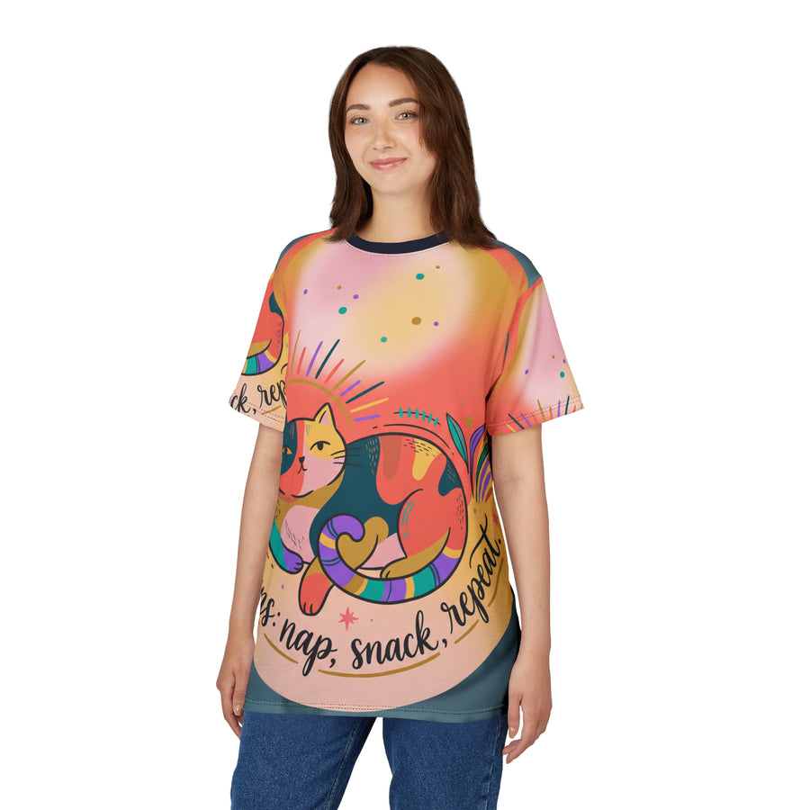 T-Shirt „Katze Sonne & Schatten“ – „Nickerchen, Snack, Wiederholung“