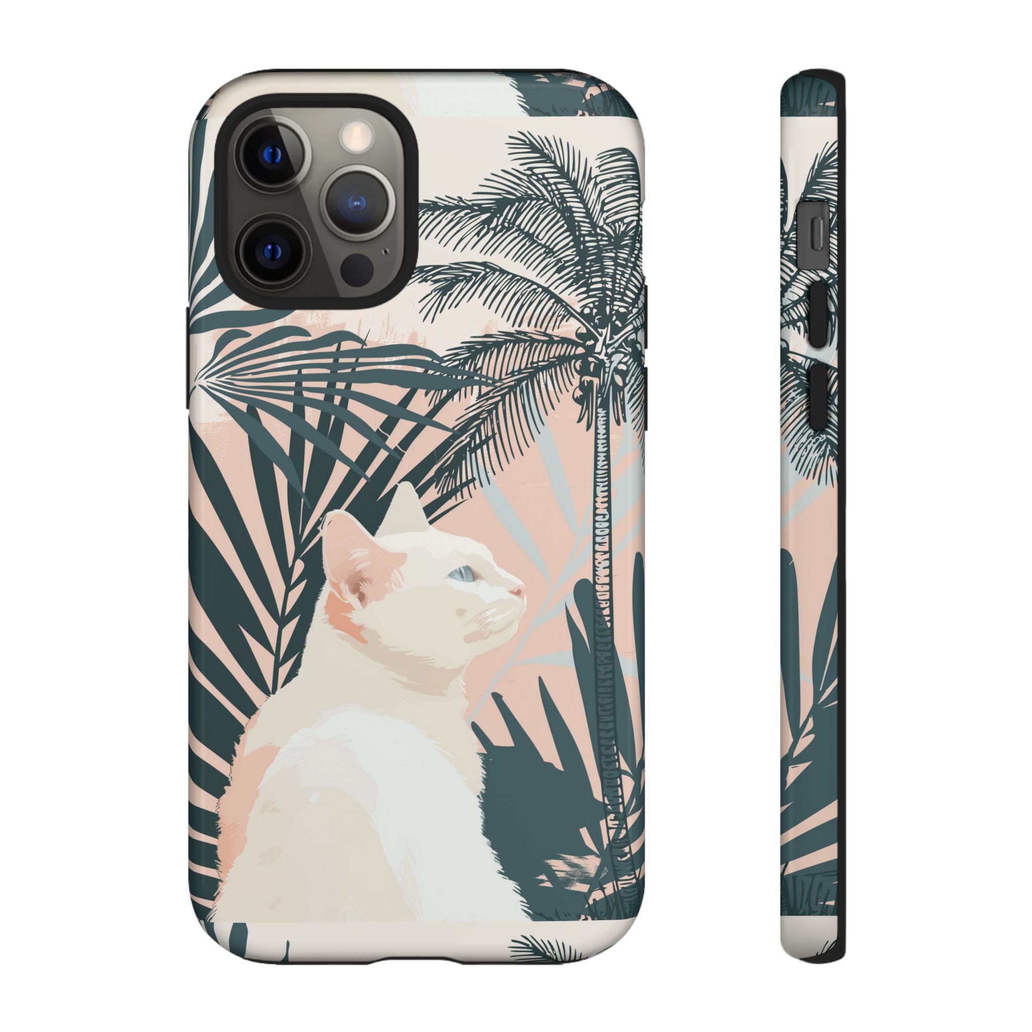 Tropical Cat Phone Case with Lush Palm Motifs and Soft Pastels