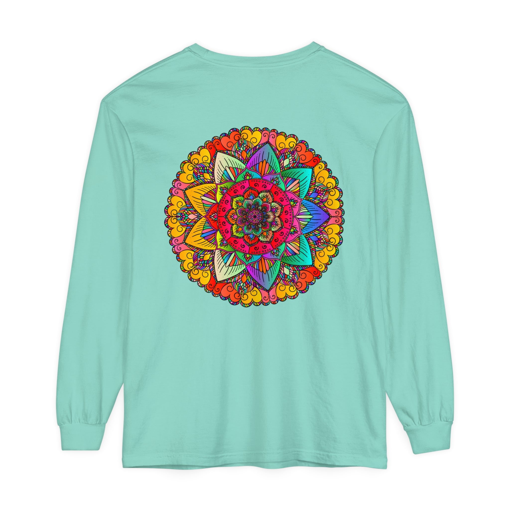Colorful and intricate mandala design on a unisex long sleeve t-shirt