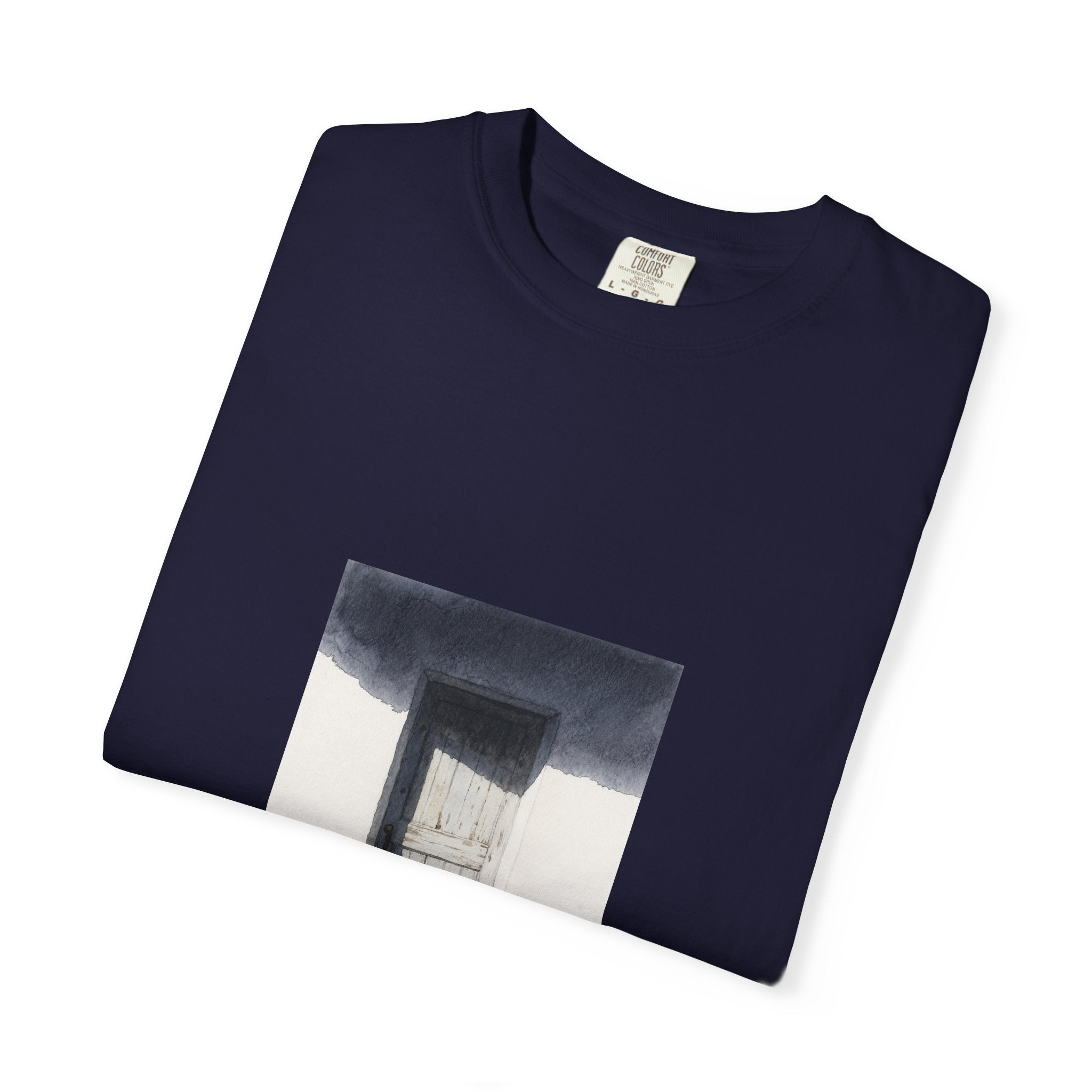 T-Shirt — Minimal Art Cat at Door Graphic Tee