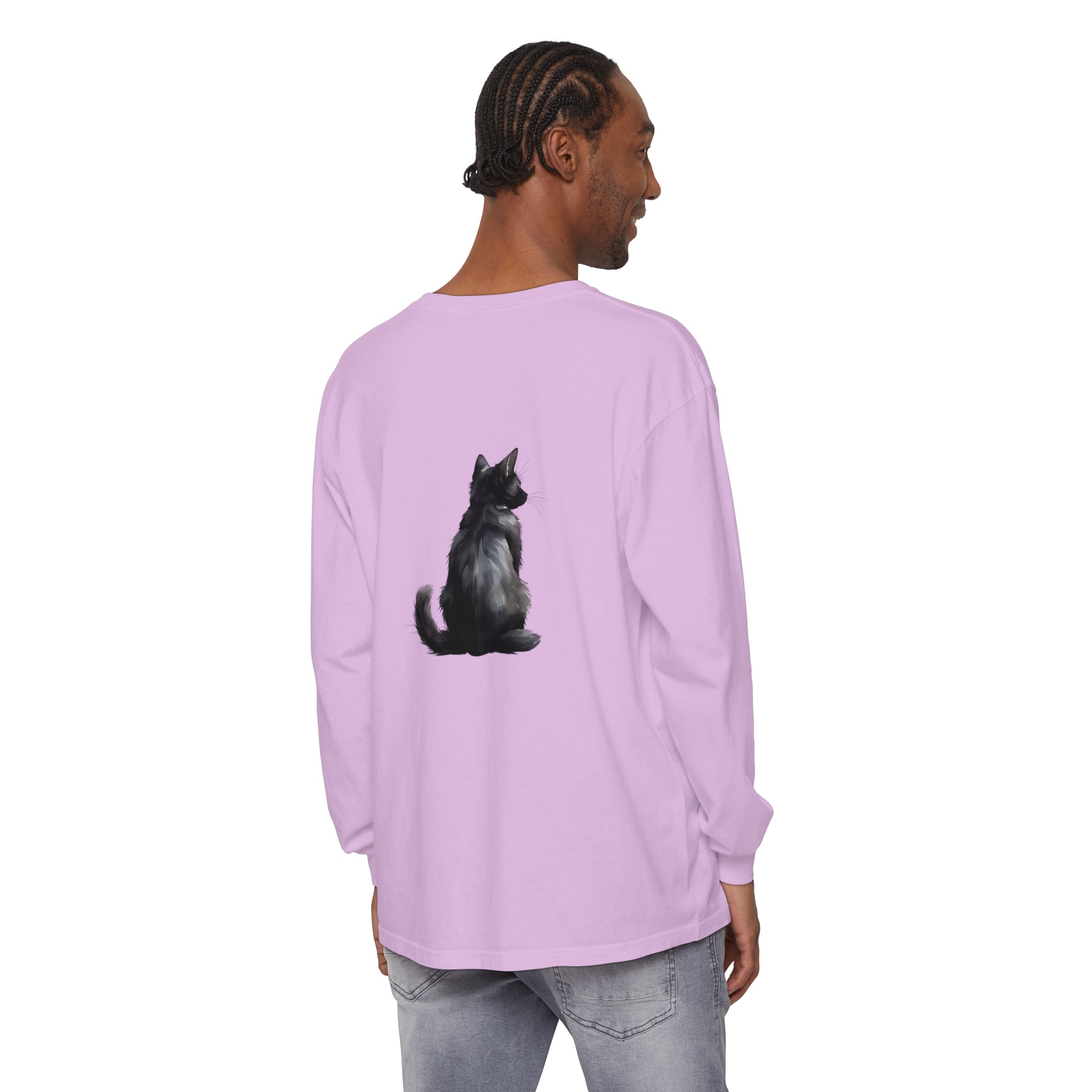 Black Cat Mystery unisex long sleeve tee with black cat graphic and spooky moon backdrop