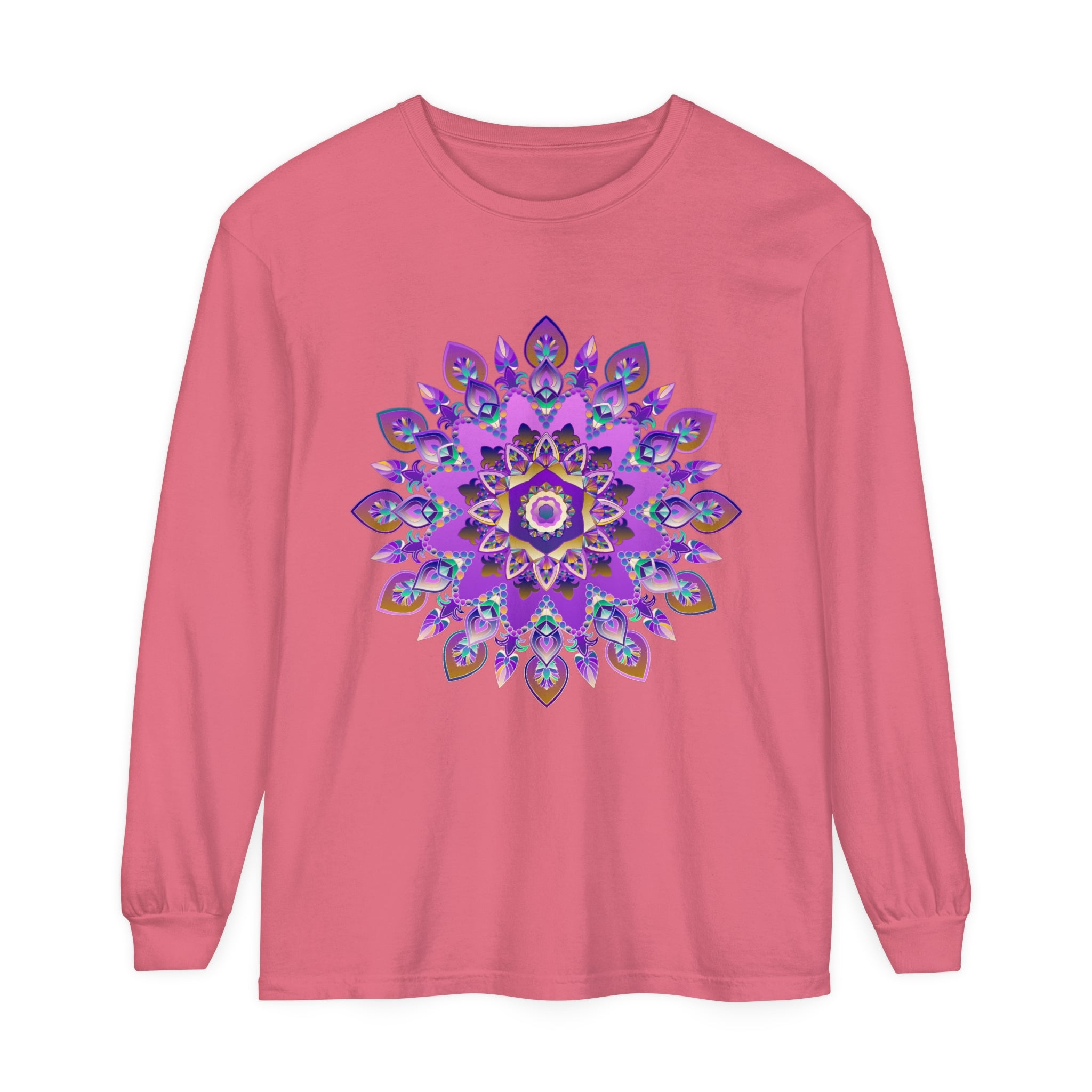 Vibrant purple and gold mandala design on long sleeve t-shirt