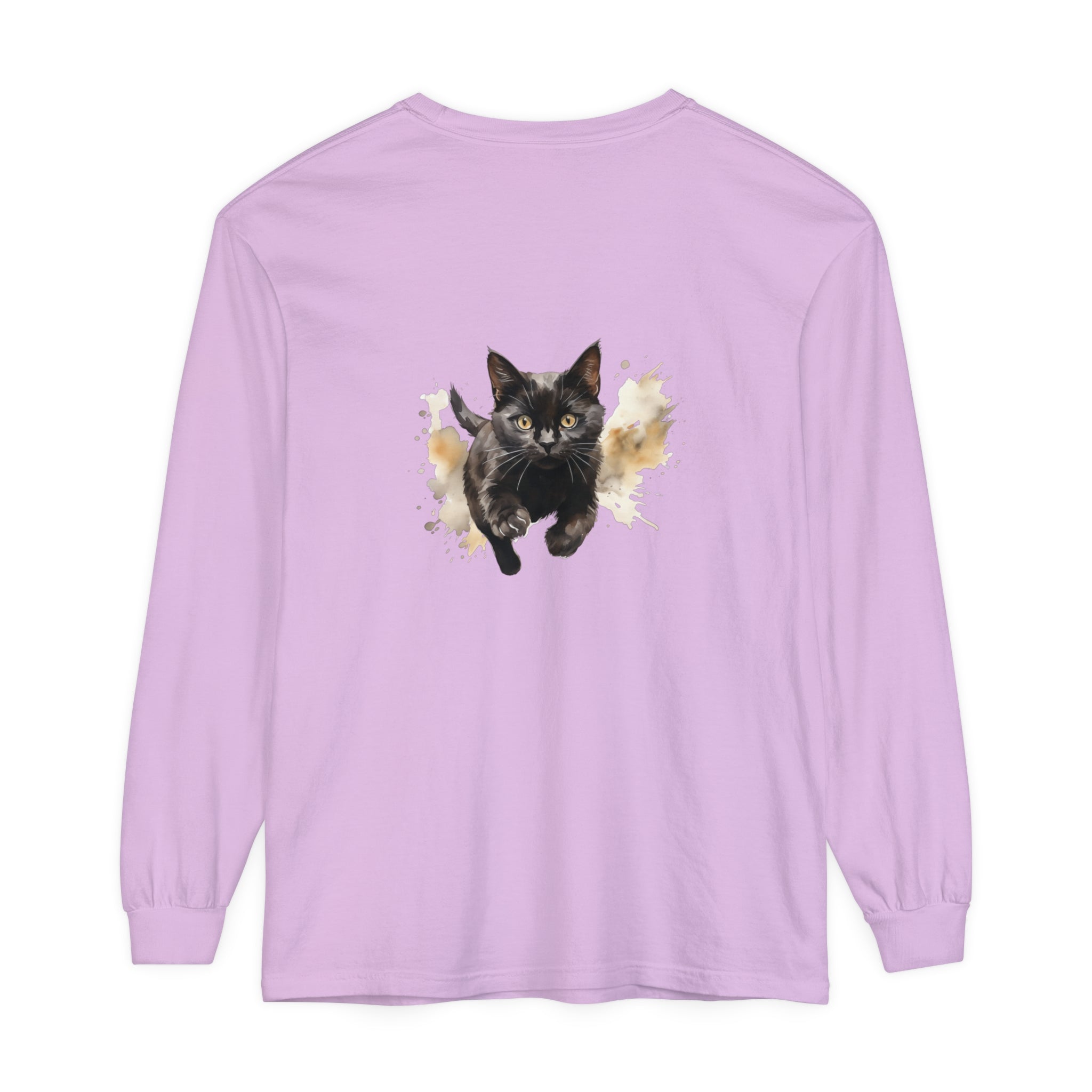 Black Cat Watercolor Sprint Unisex T-Shirt featuring a stunning watercolor print of a black cat on a soft and comfortable unisex t-shirt