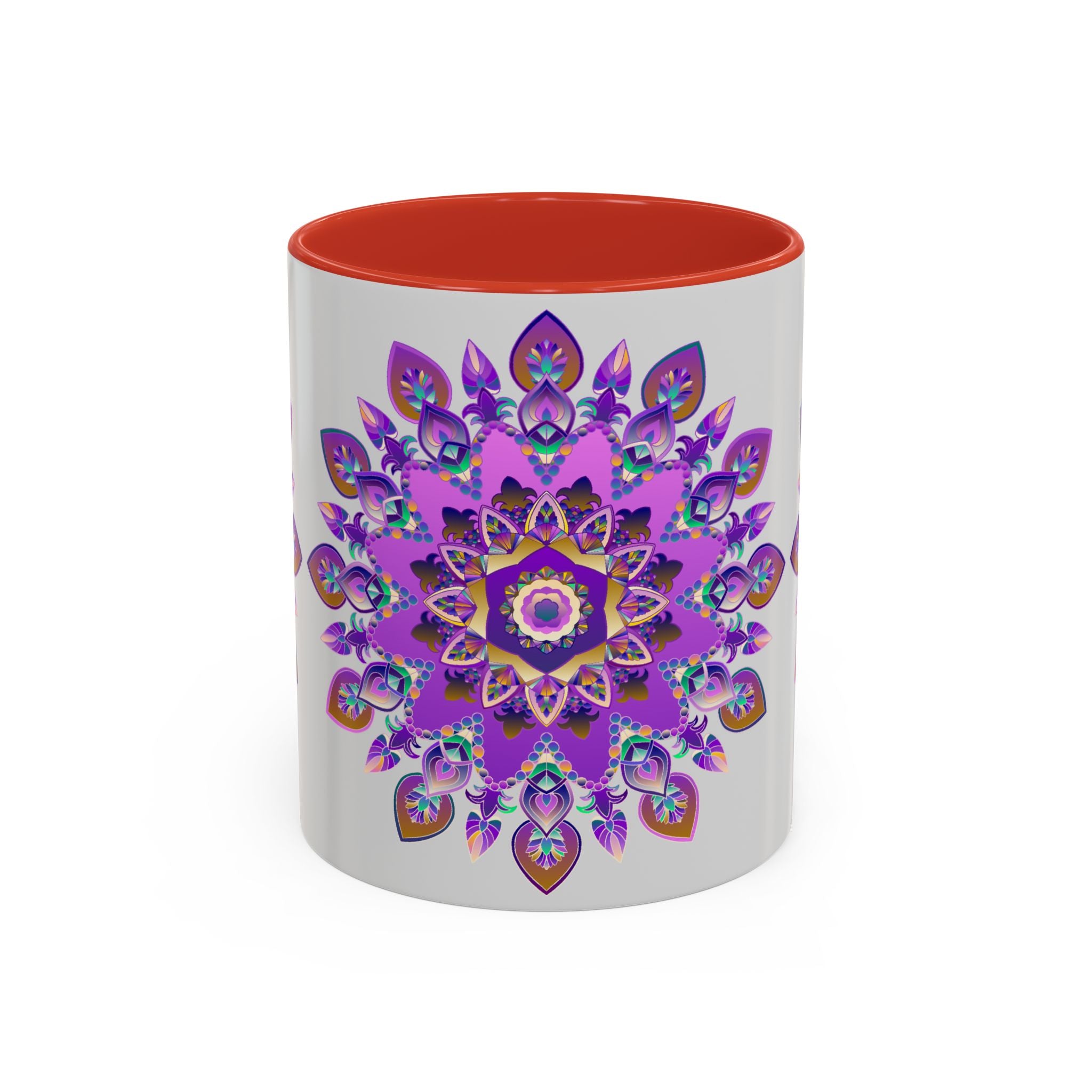 Bohemian-inspired mug with striking purple and gold mandala art