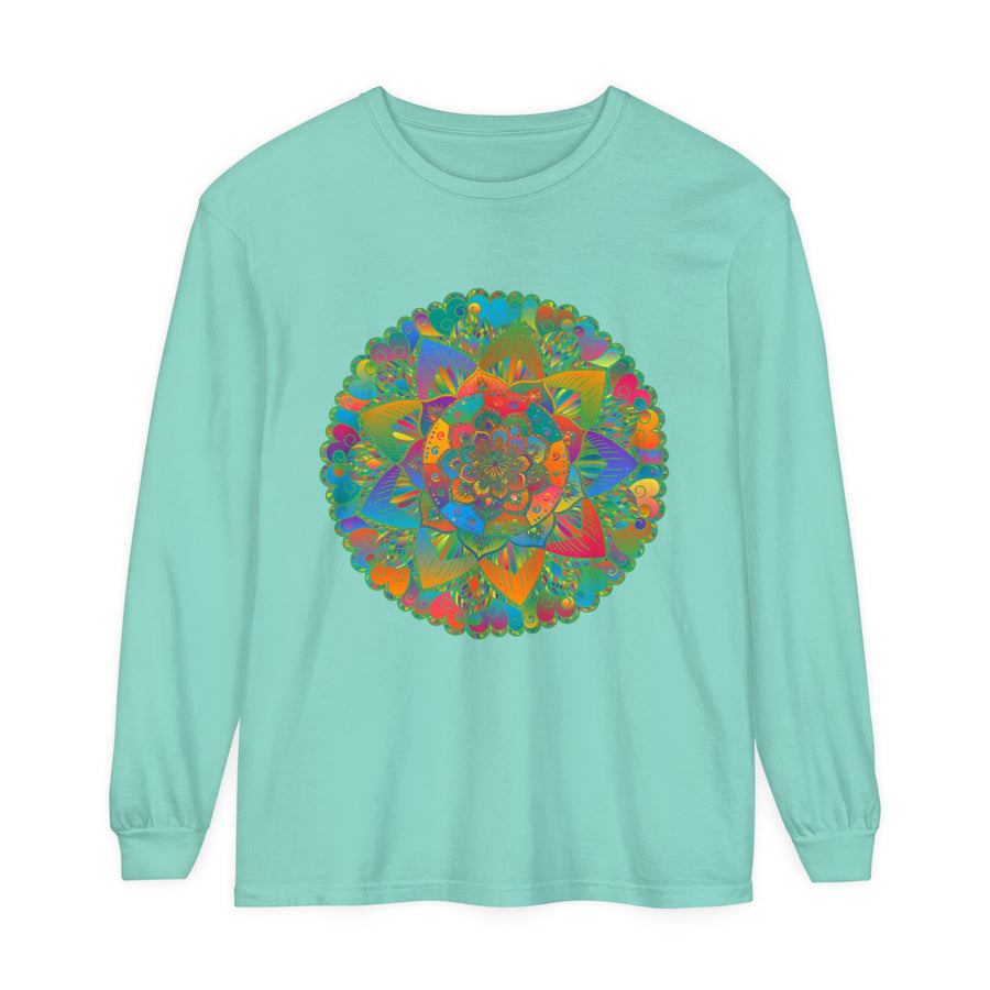 Colorful and intricate mandala design on a unisex long sleeve t-shirt