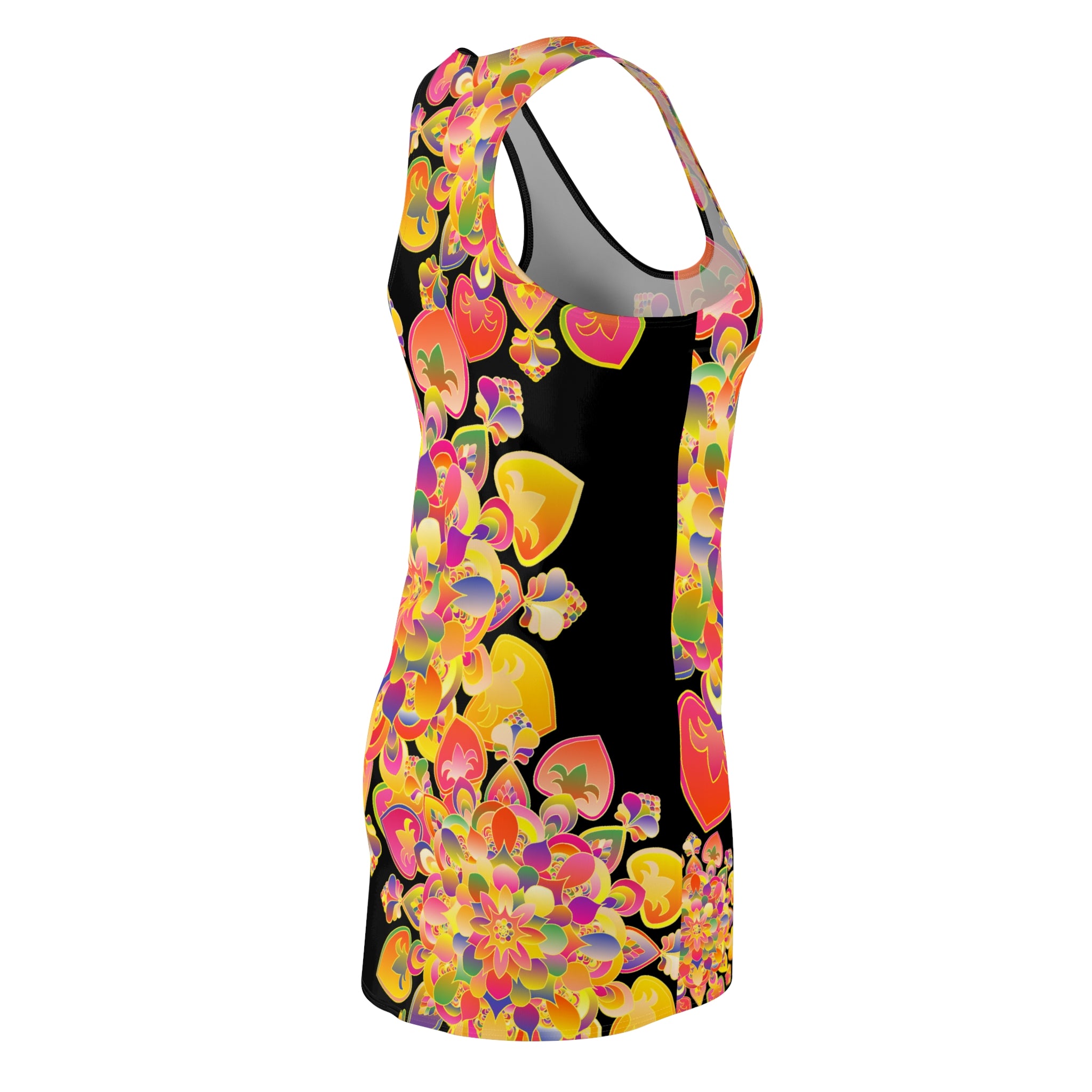 Abito con schiena incrociata e mandala a cuore floreale — Bright Psychedelic AOP