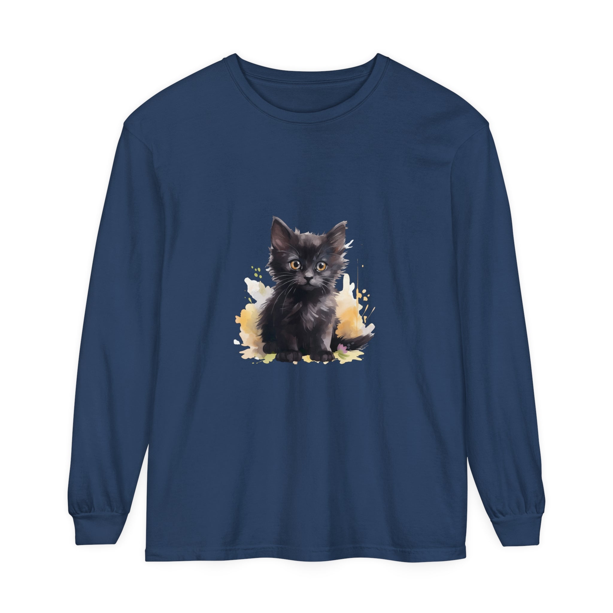 A vibrant and playful watercolor splash design featuring a cute black kitten on a t-shirt