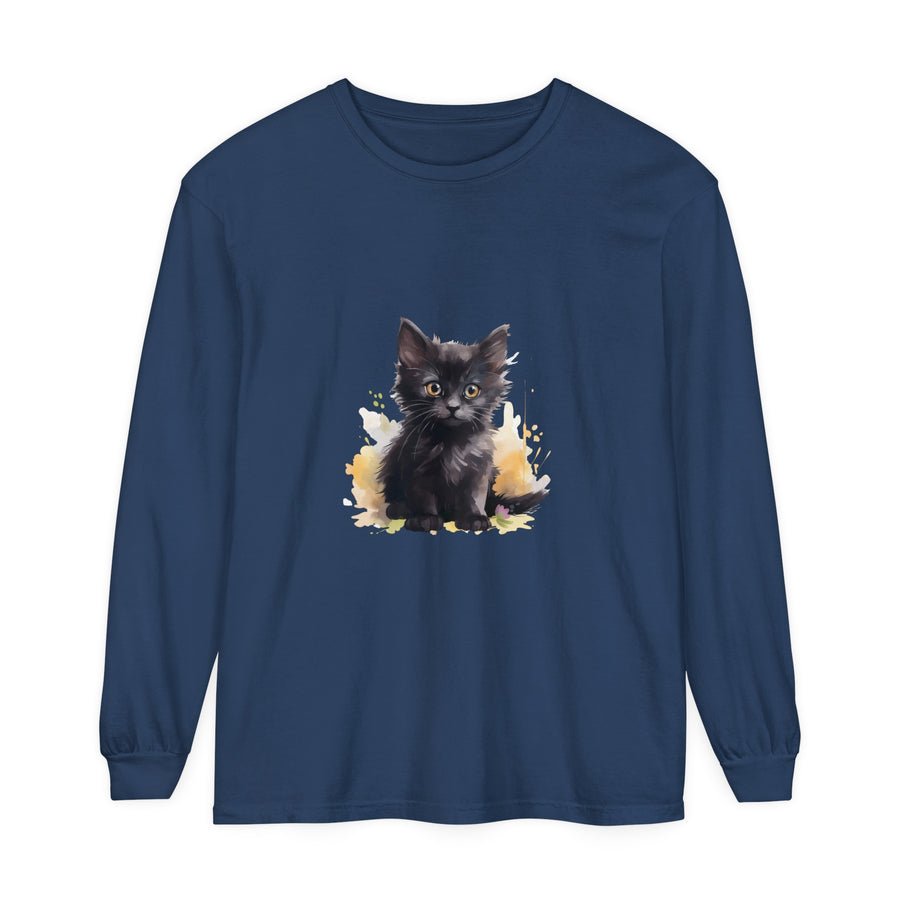 A vibrant and playful watercolor splash design featuring a cute black kitten on a t-shirt