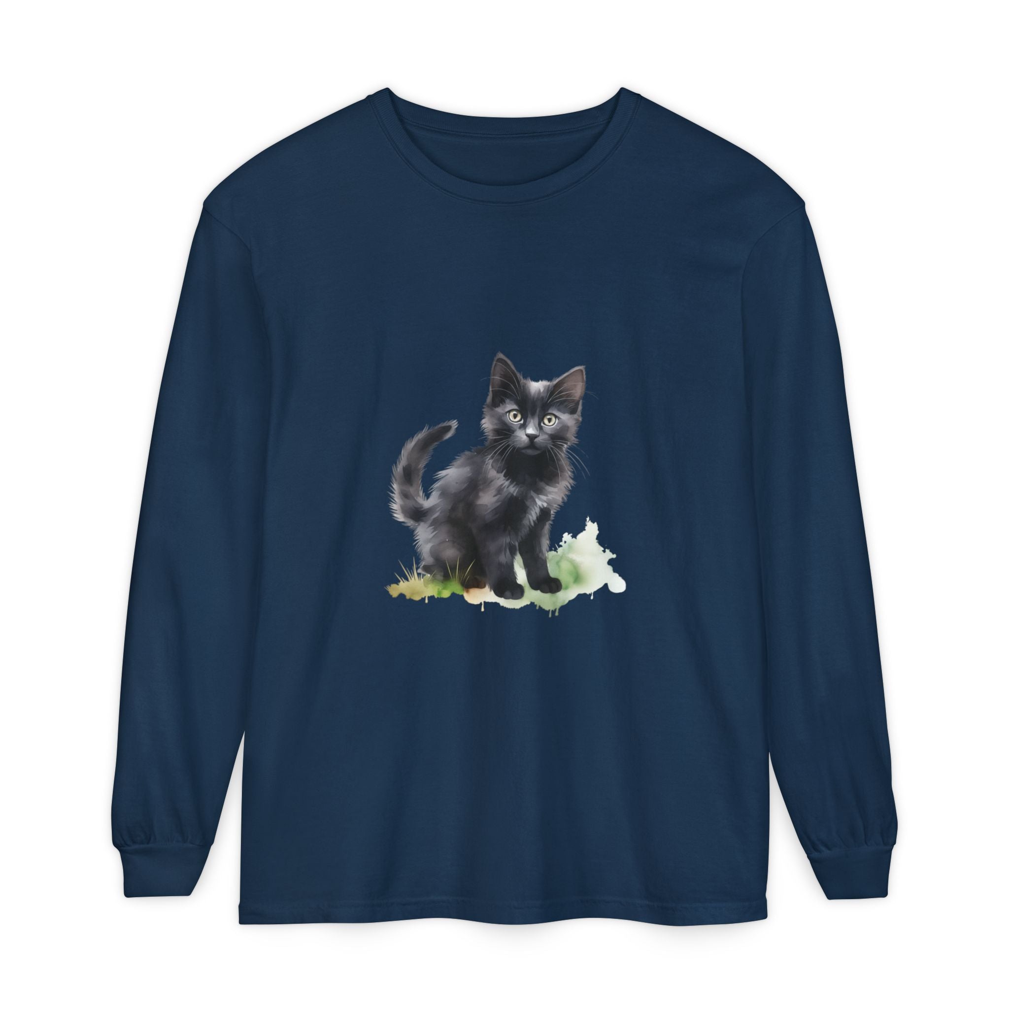 Maglietta a maniche lunghe con gatto nero e acquerello