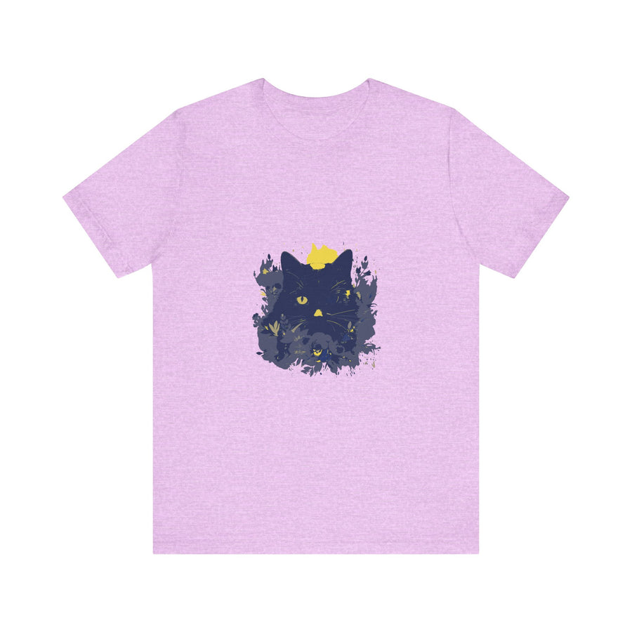 Black Cat Mystery T-Shirt featuring a whimsical floral design on black fabric