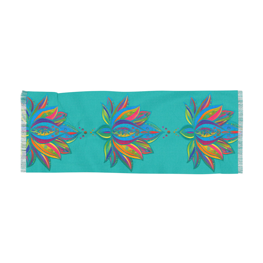 Sky Lotus Azure Blue Light Scarf — Floral Silk-Inspired Neck Wrap
