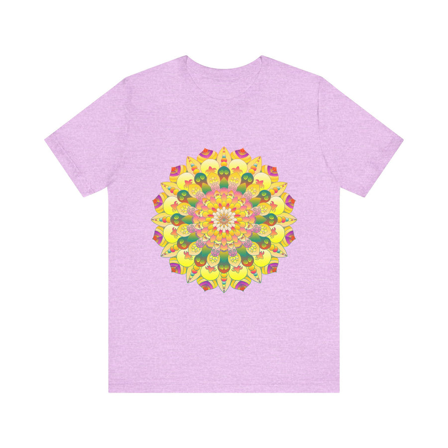 A colorful and detailed mandala design on a t-shirt, representing spiritual peace and harmony for a vibrant and calming effect