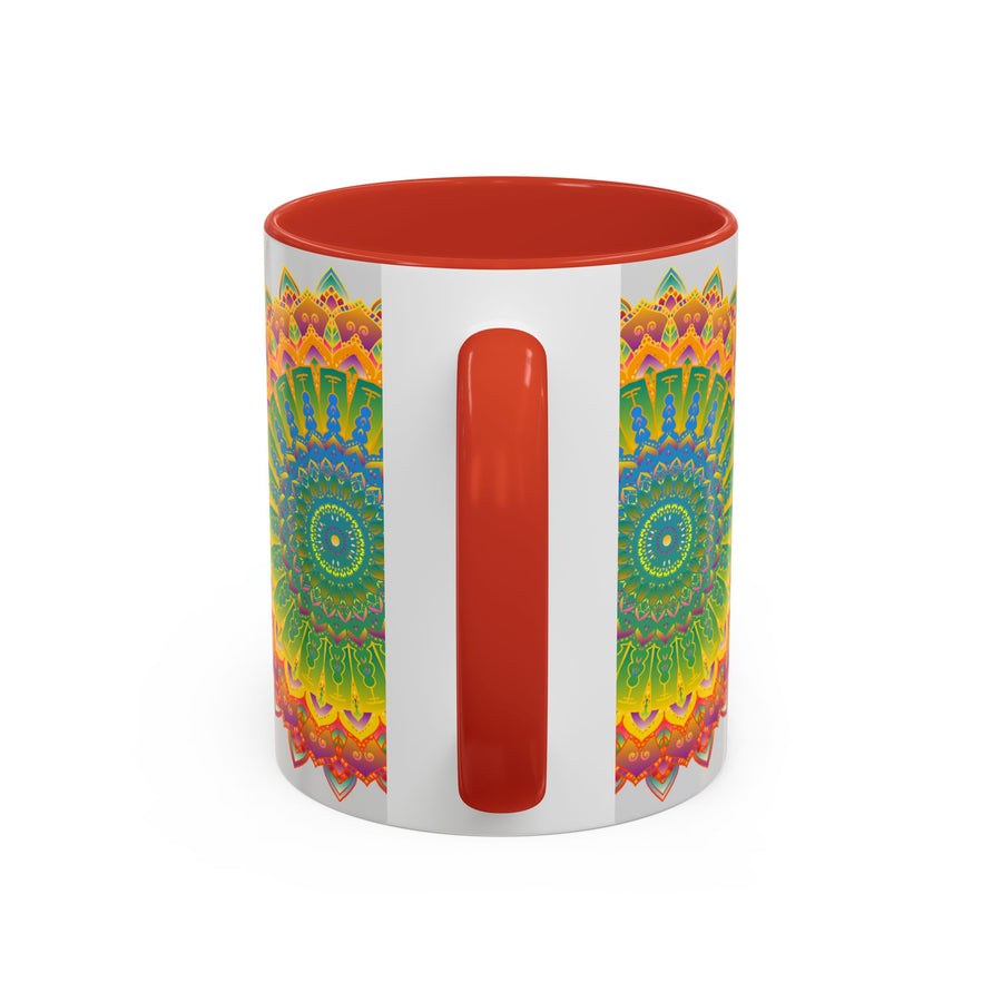 Elegant and detailed mandala pattern on a vibrant ceramic mug