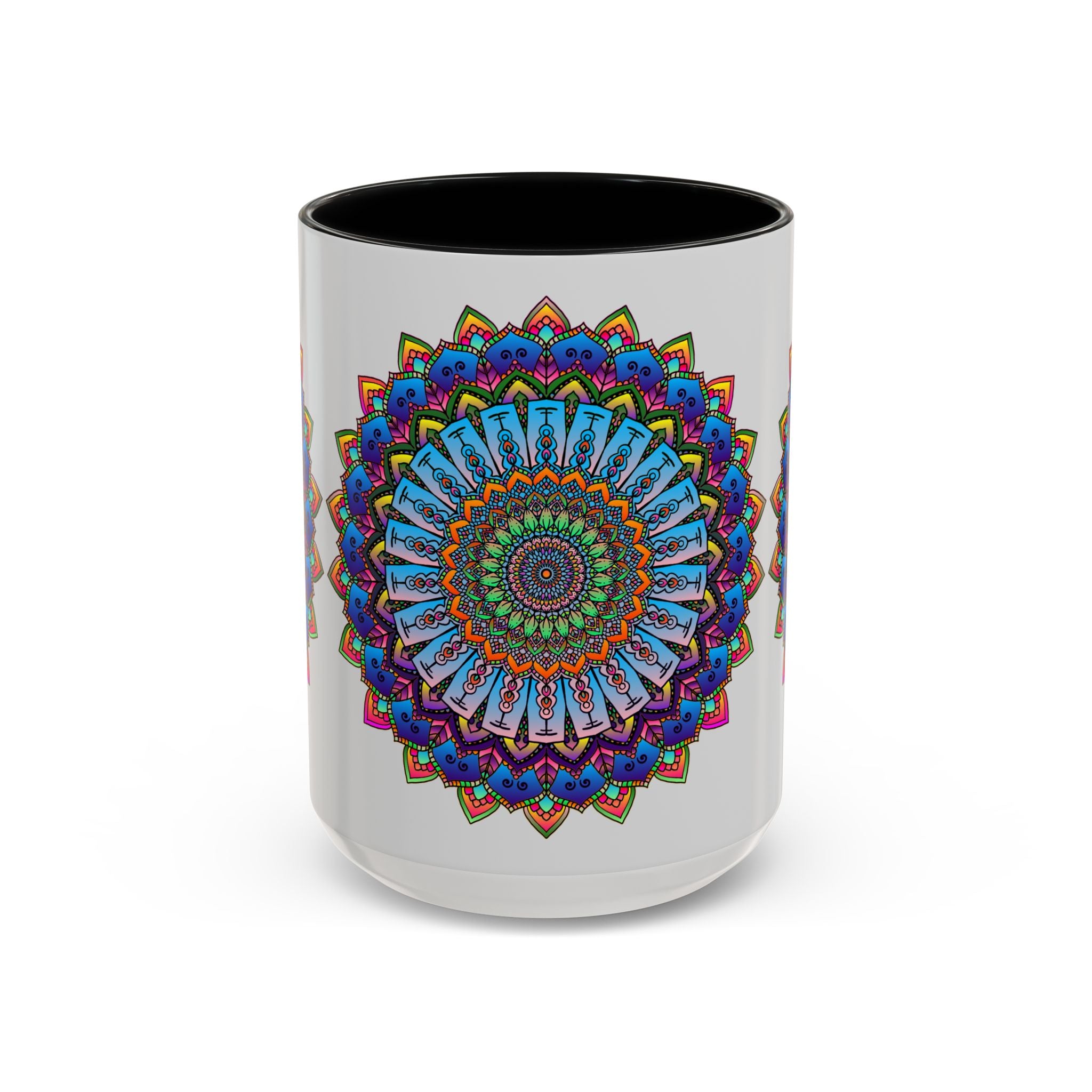 Beautiful mandala design in vibrant colors on a grey ceramic mug