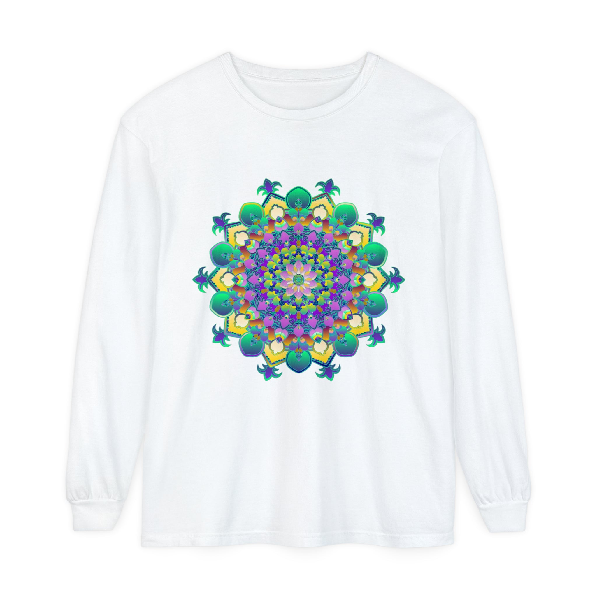 Colorful and detailed mandala design on a comfortable long sleeve t-shirt