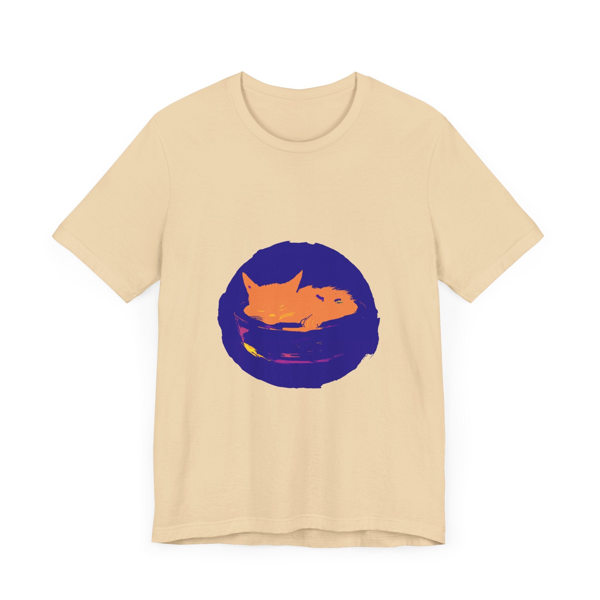 A black cat with glowing yellow eyes rests peacefully on a crescent moon, surrounded by a starry night sky, on a soft and comfortable sleep t-shirt featuring a unique and mysterious design