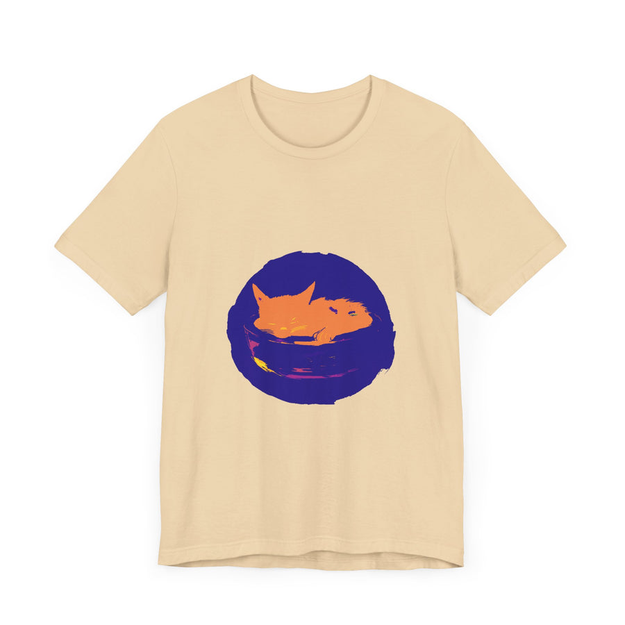 A black cat with glowing yellow eyes rests peacefully on a crescent moon, surrounded by a starry night sky, on a soft and comfortable sleep t-shirt featuring a unique and mysterious design