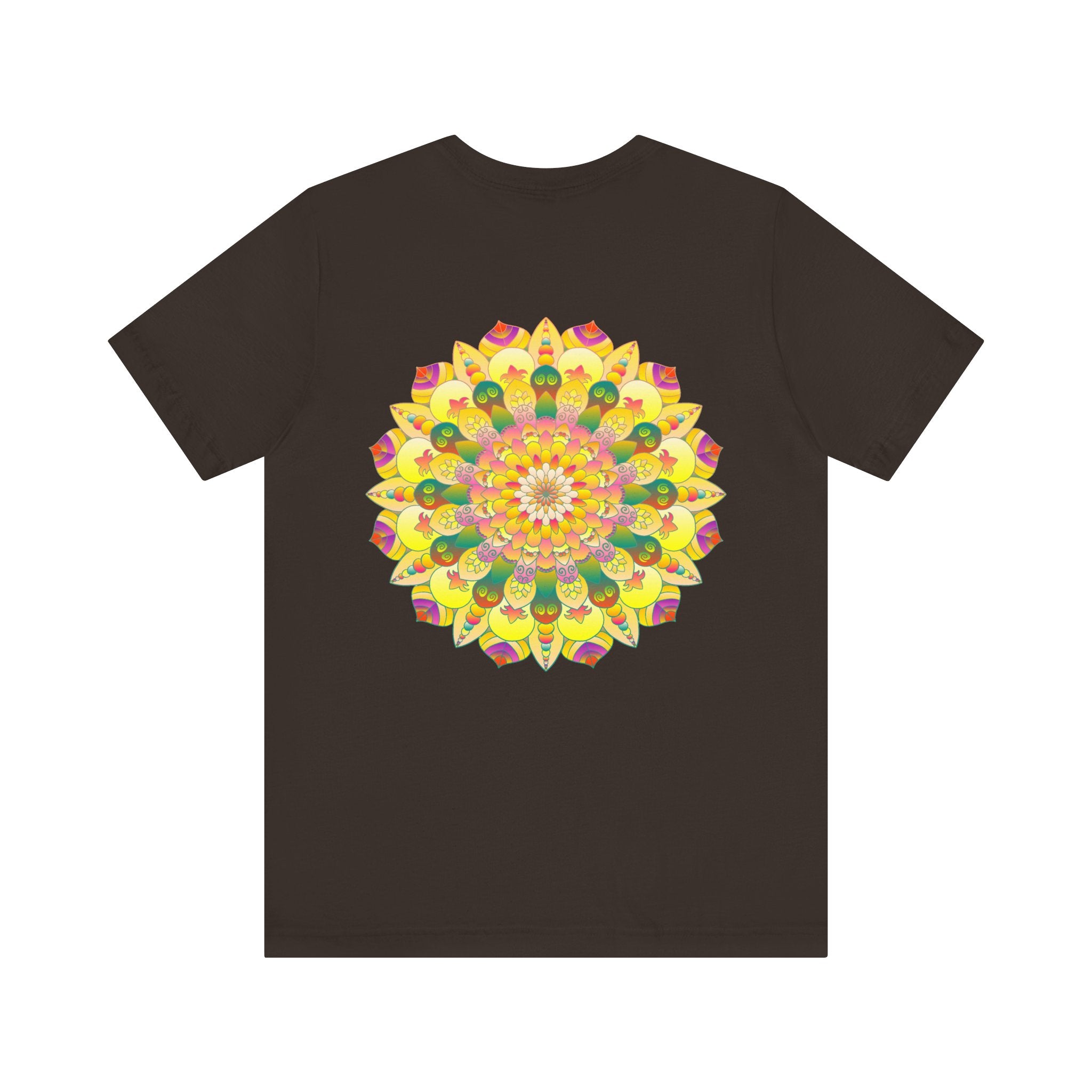 A colorful and intricate mandala design on a t-shirt promoting spiritual peace and harmony