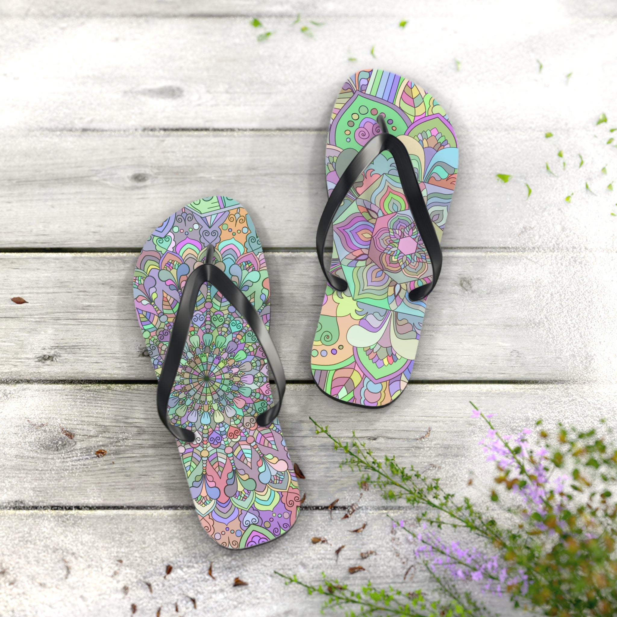 Unique hand-drawn mandala art flip flops for a trendy summer look