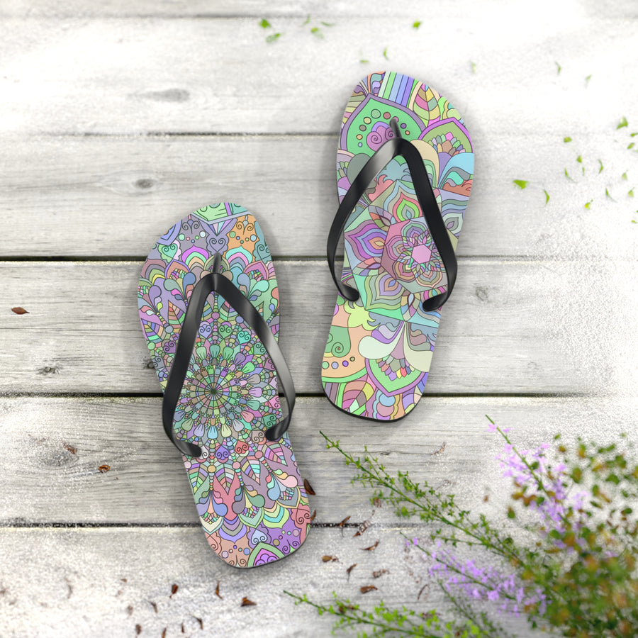 Unique hand-drawn mandala art flip flops for a trendy summer look