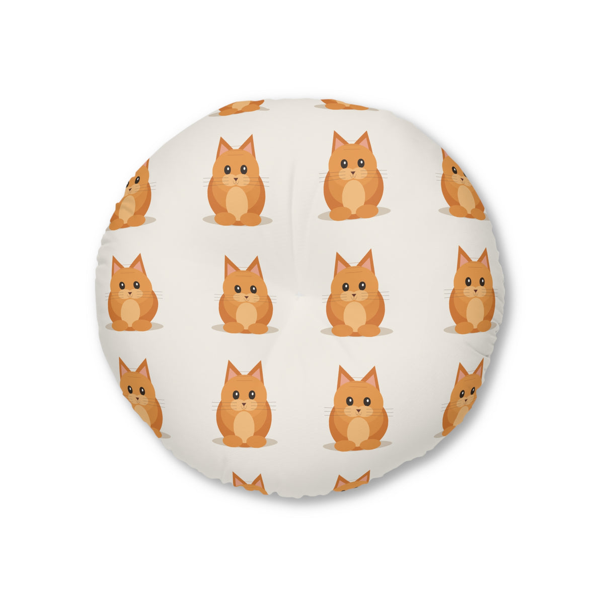 Round Tufted Floor Pillow — Cute Orange Cat Pattern, Paw & Swirl Accent