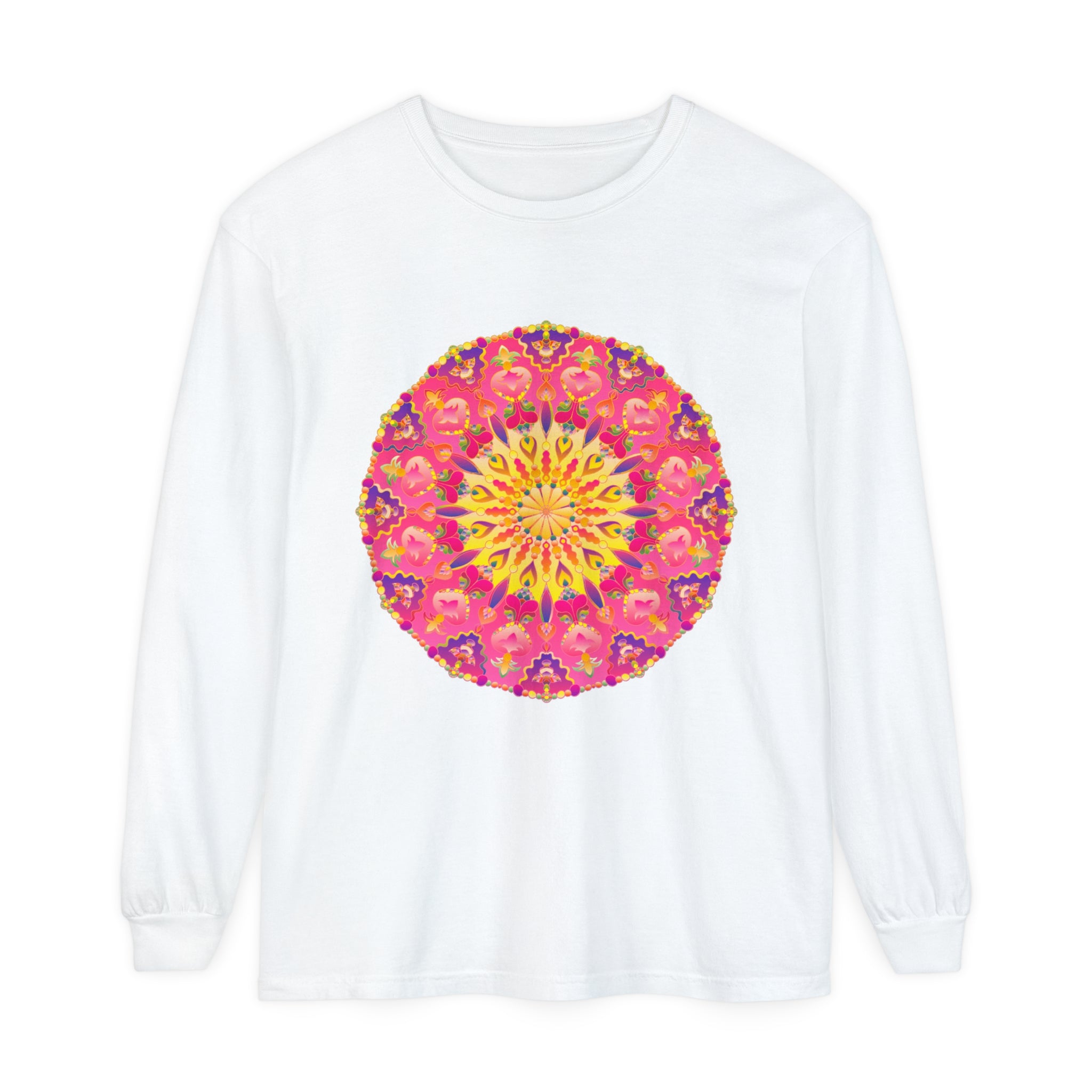 Colorful and intricate mandala design on a black long sleeve t-shirt