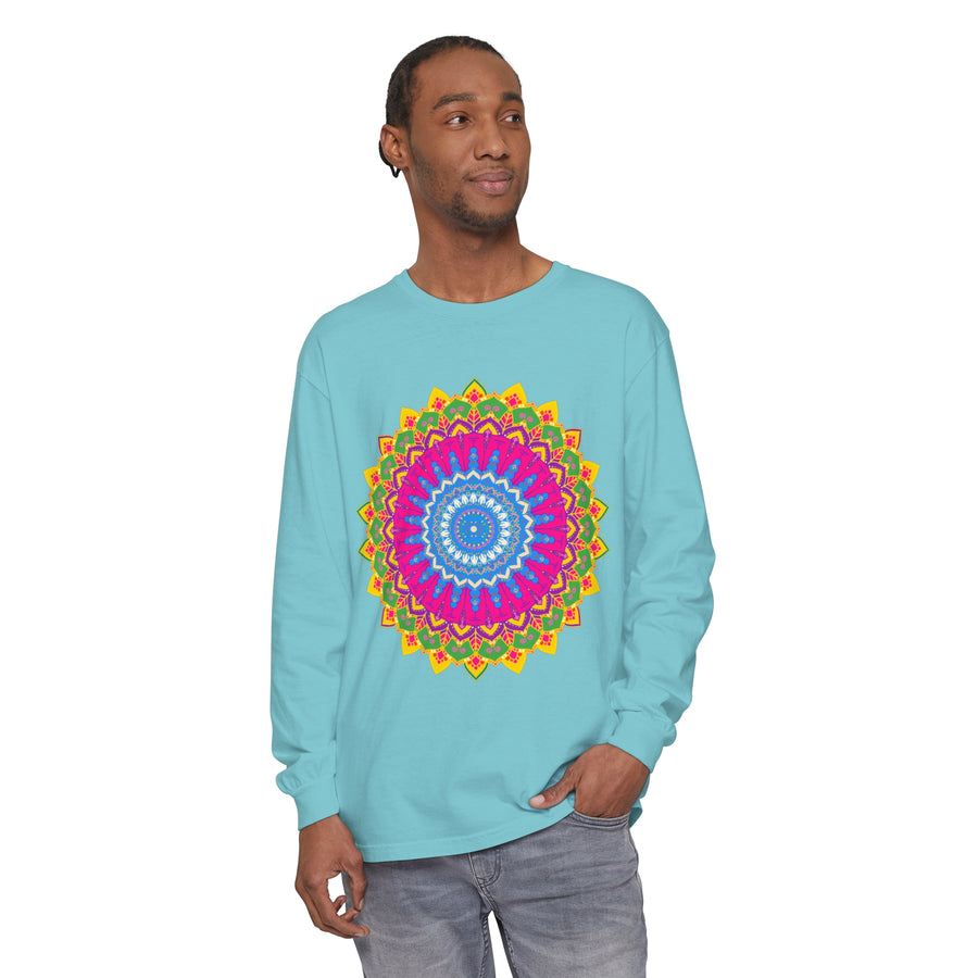 Colorful and intricate mandala design featured on a unisex long sleeve t-shirt