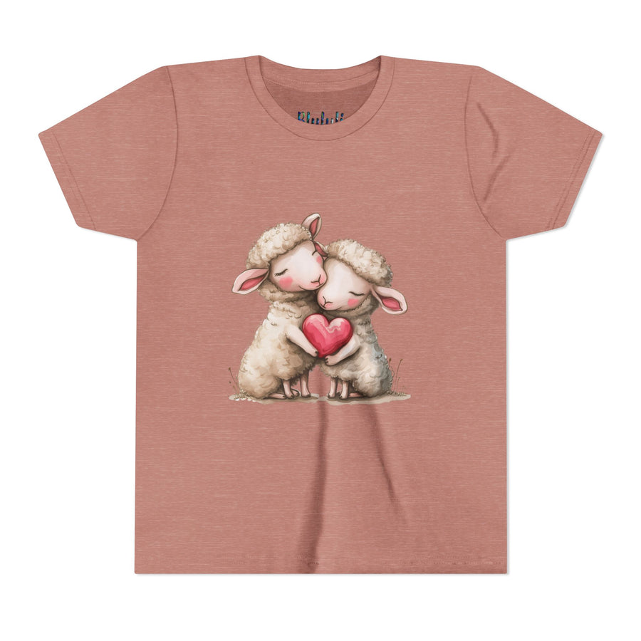 Youth Tee - Cartoon Sheeps Hugging Heart, Cute and Lovely Design