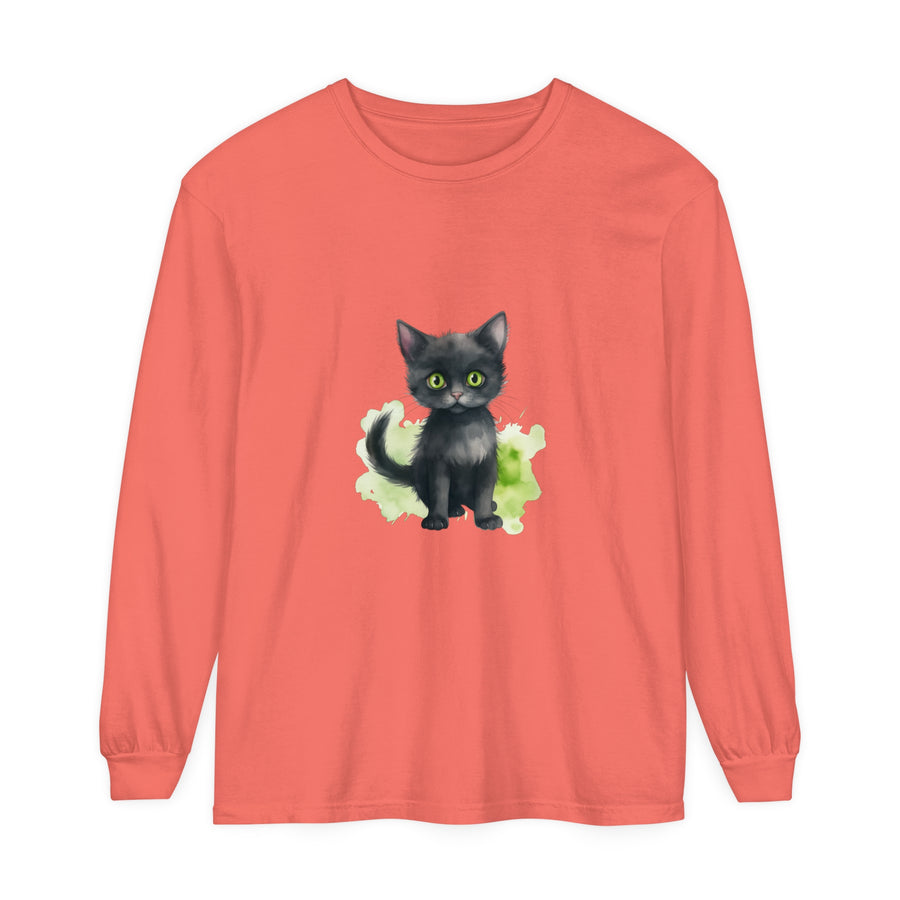 Black Cat Watercolor Long Sleeve T-Shirt featuring a realistic watercolor design