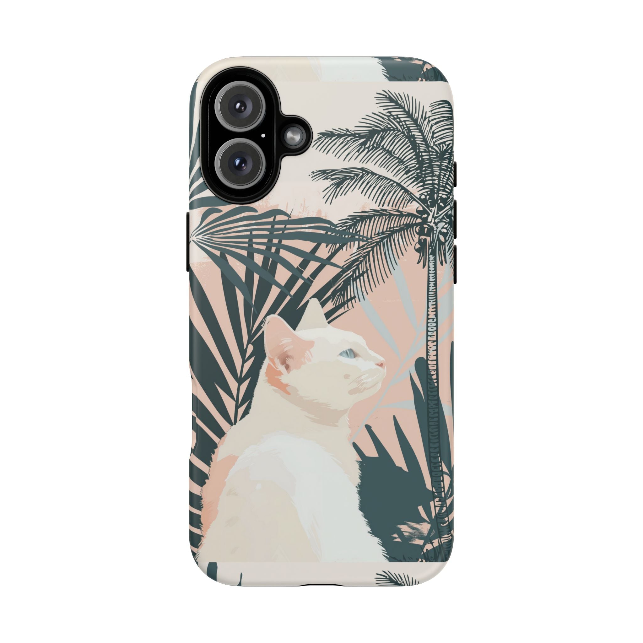 Tropical Cat Phone Case with Lush Palm Motifs and Soft Pastels