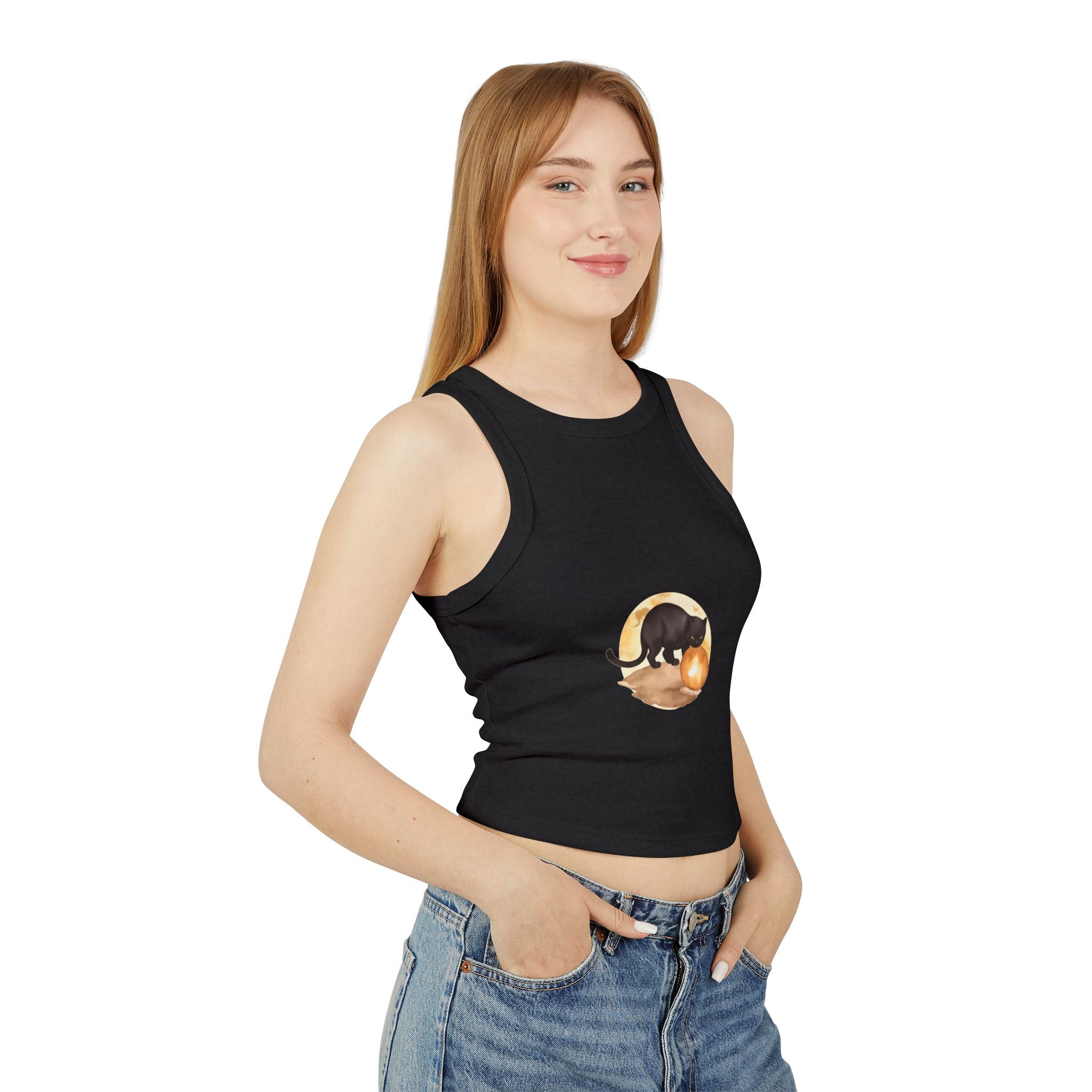 Close-up of Black Cat Moon Racerback Tank Top design featuring a mystical moon and cat