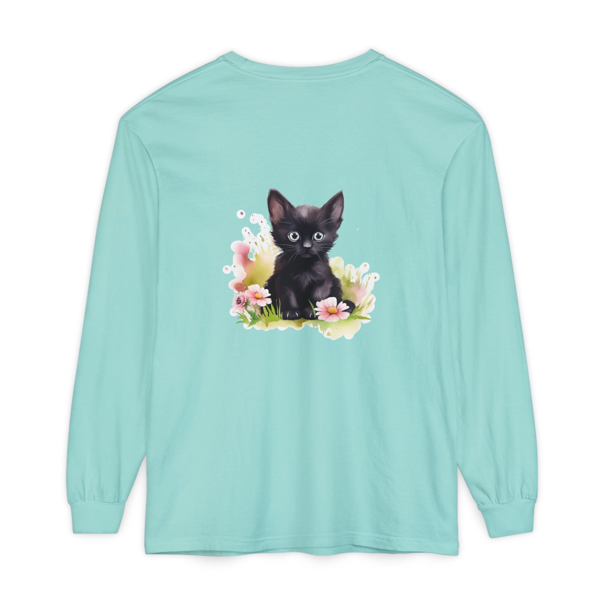 Langarmshirt | Schwarzes Kätzchen & rosa Blumen