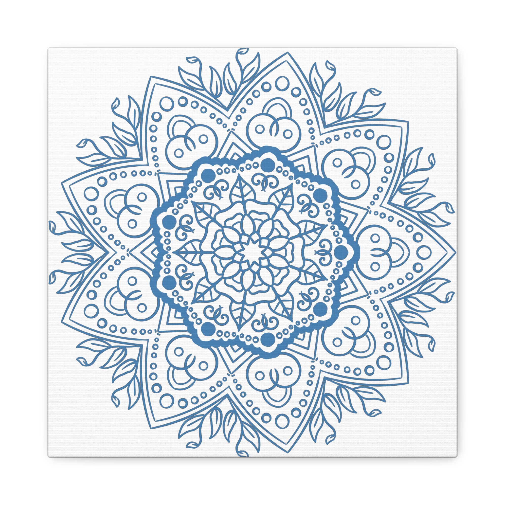 A beautiful handmade mandala design wall art in steel blue color, printed on matte canvas, stretched and framed with a 125 inch frame
