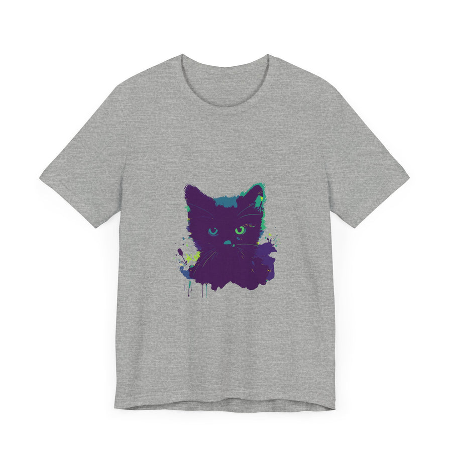 A close-up image of a black cat mystery watercolor t-shirt, featuring vibrant watercolor designs and a comfortable, stylish fit