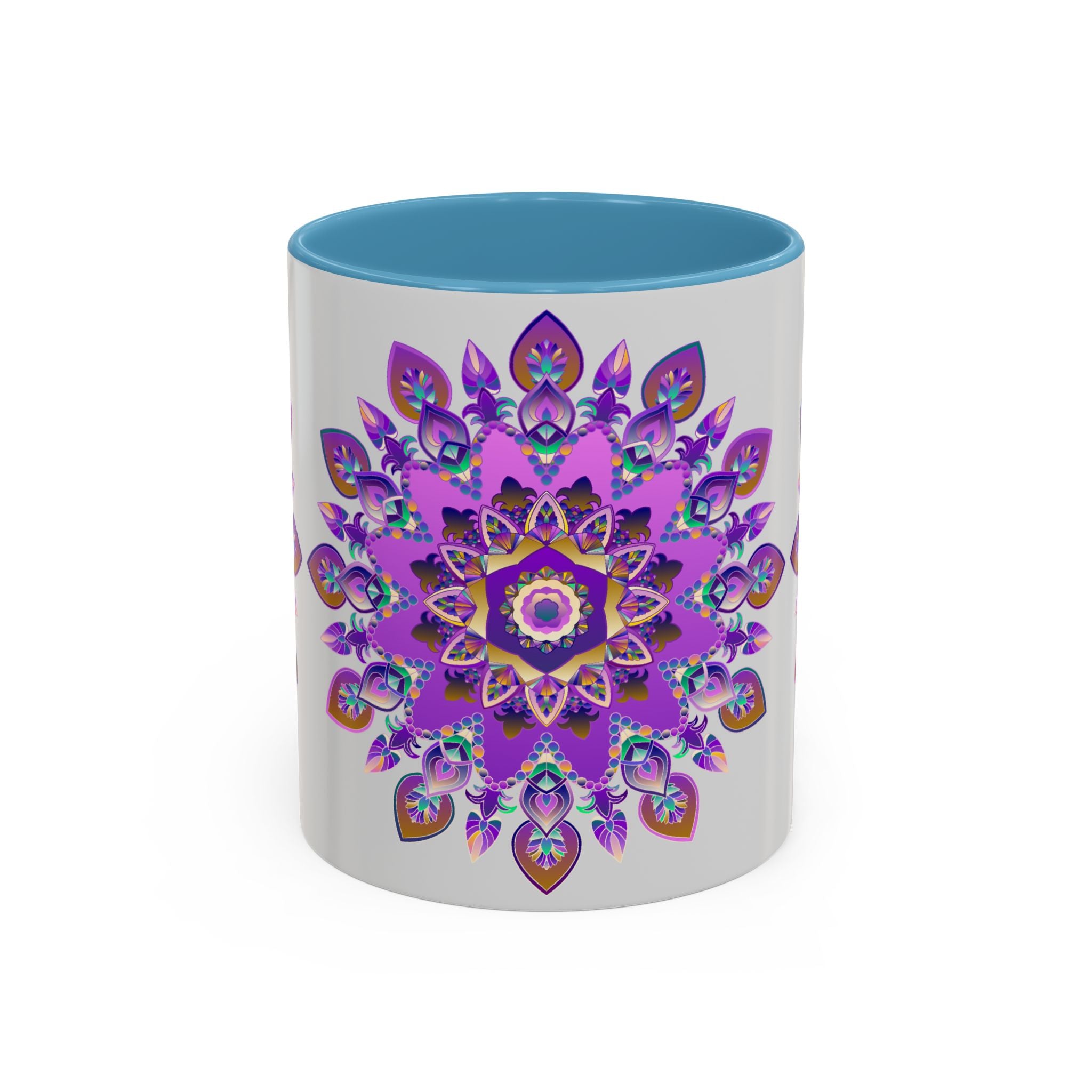 Exquisite artisan mug with a captivating purple and gold mandala motif