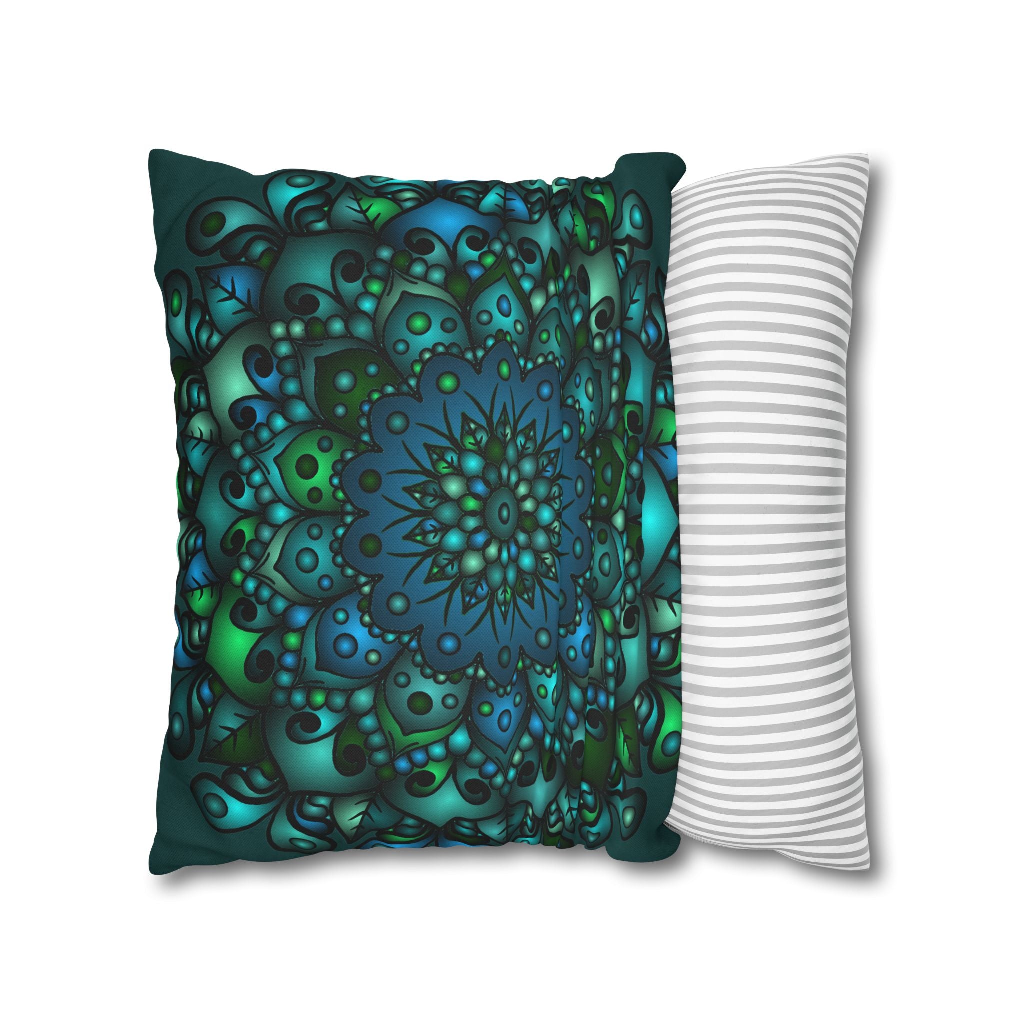 Decorative pillowcase with intricate handmade mandala design in petroleum green color