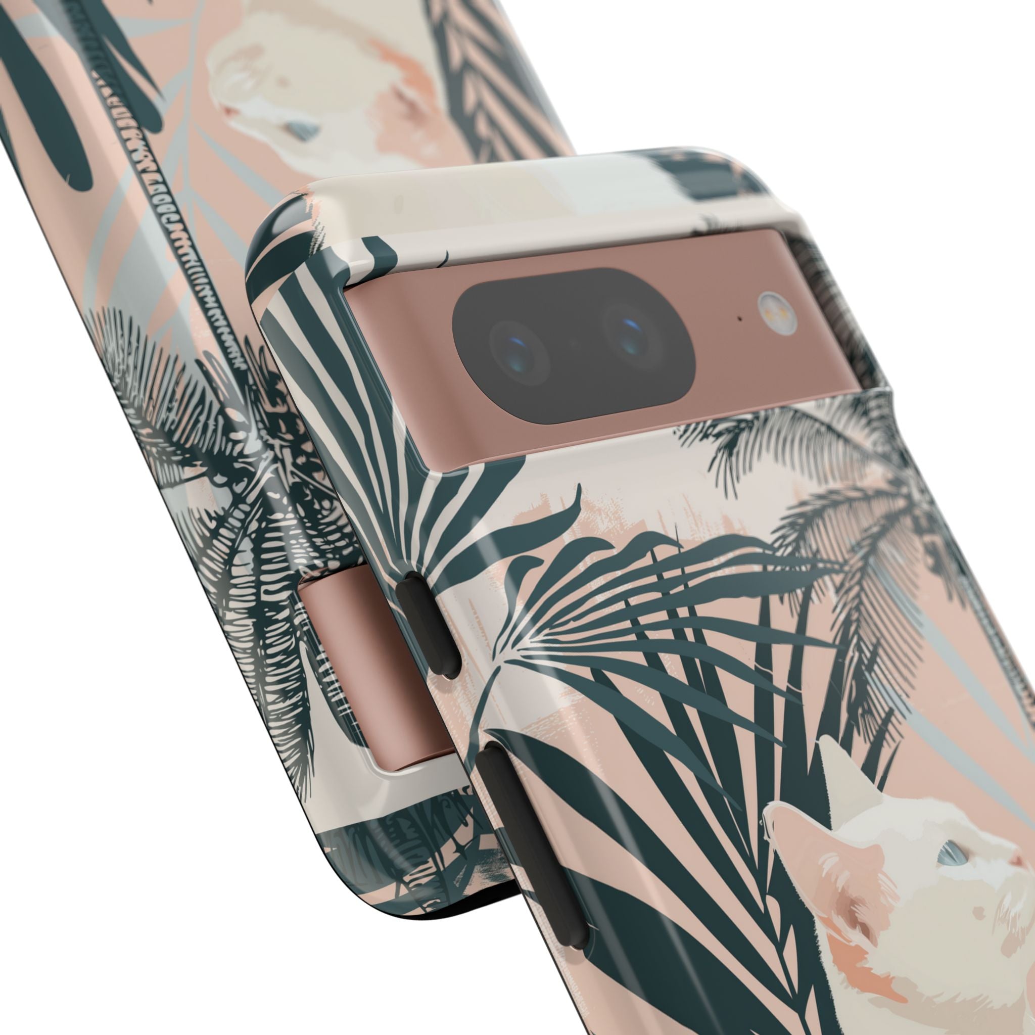 Tropical Cat Phone Case with Lush Palm Motifs and Soft Pastels