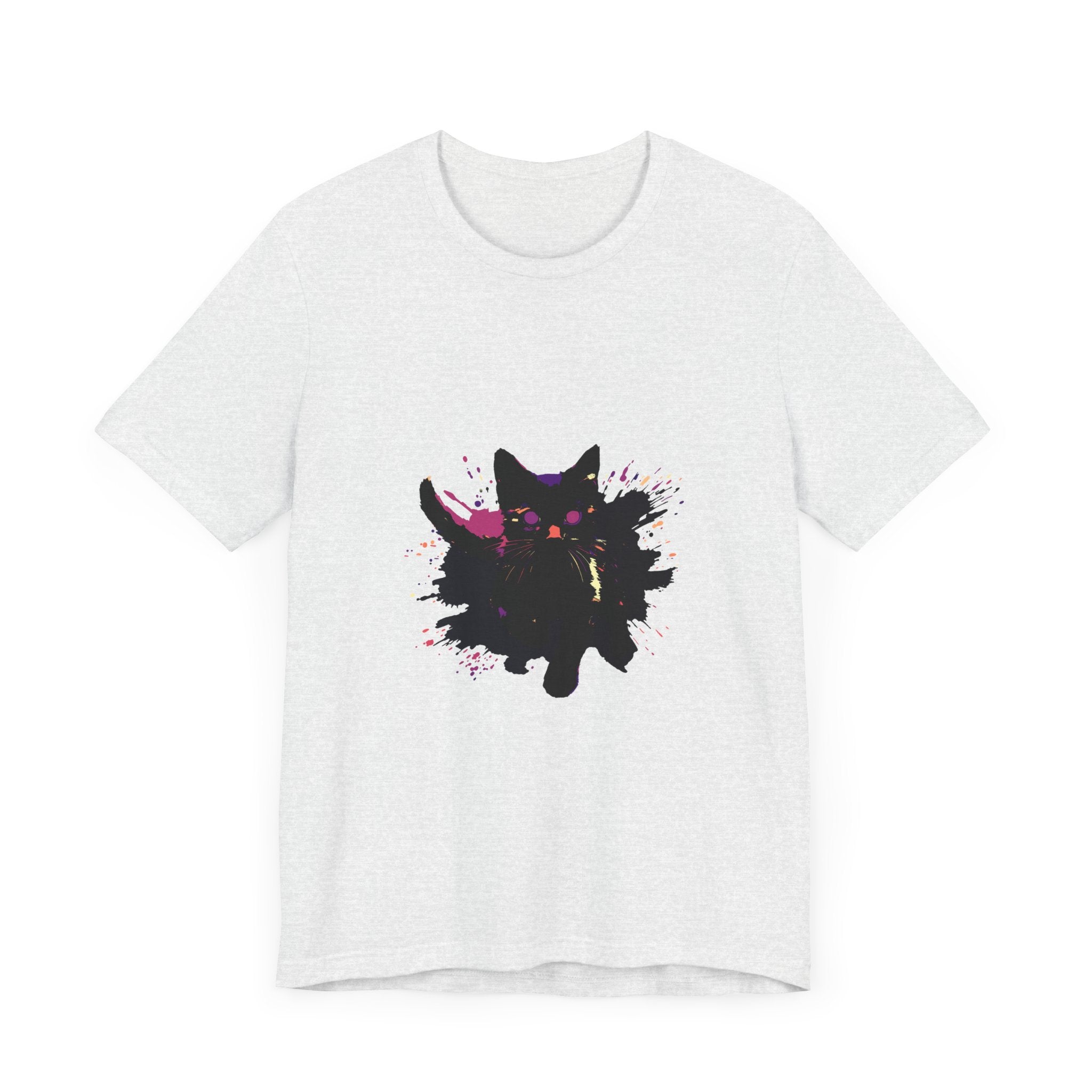 A bold and colorful Black Cat Mystery T-Shirt displayed on a mannequin
