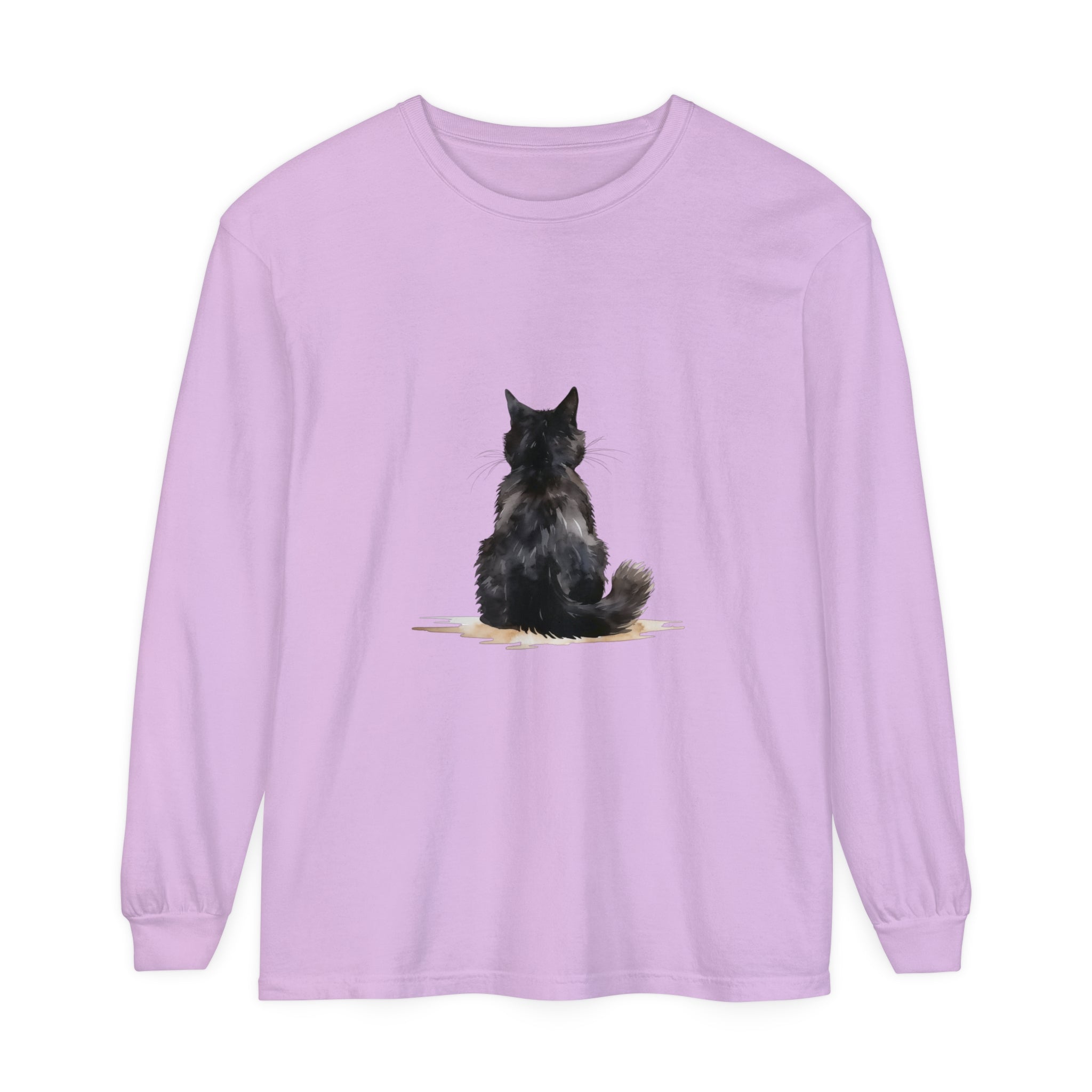 Black Cat Watercolor Unisex Long Sleeve T-Shirt featuring a beautiful watercolor design of a black cat on a high-quality, comfortable long sleeve shirt