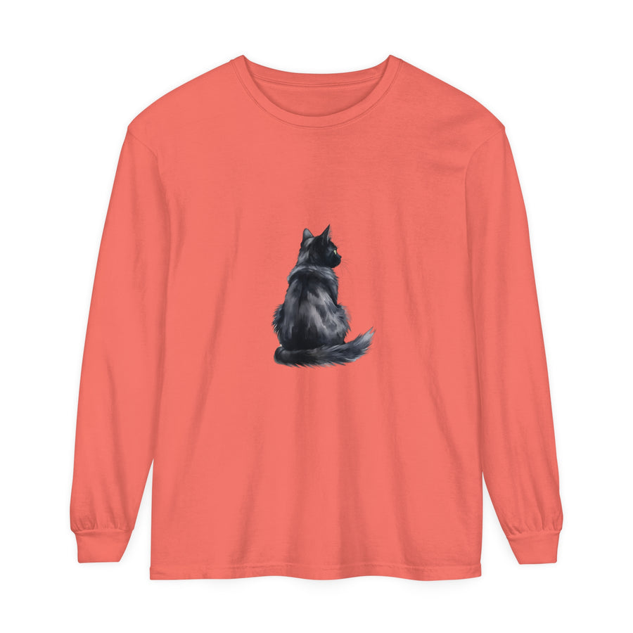 Black Cat Watercolor Long Sleeve T-Shirt featuring a detailed watercolor image of a black cat on a comfortable long sleeve tee